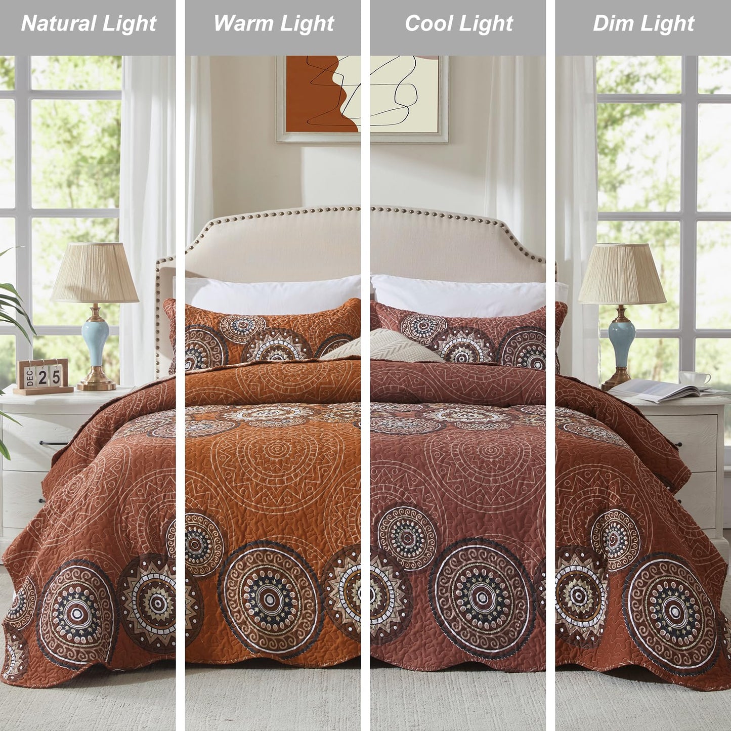 LEAONME 3 Pieces King Size Burnt Orange Rust Quilt Set Lightweight Oversized Bedspread 98''x106'' Soft Microfiber Floral Coverlet Luxurious Warm Bed Cover for All Seasons (1 Quilt, 2 Pillow Shams)