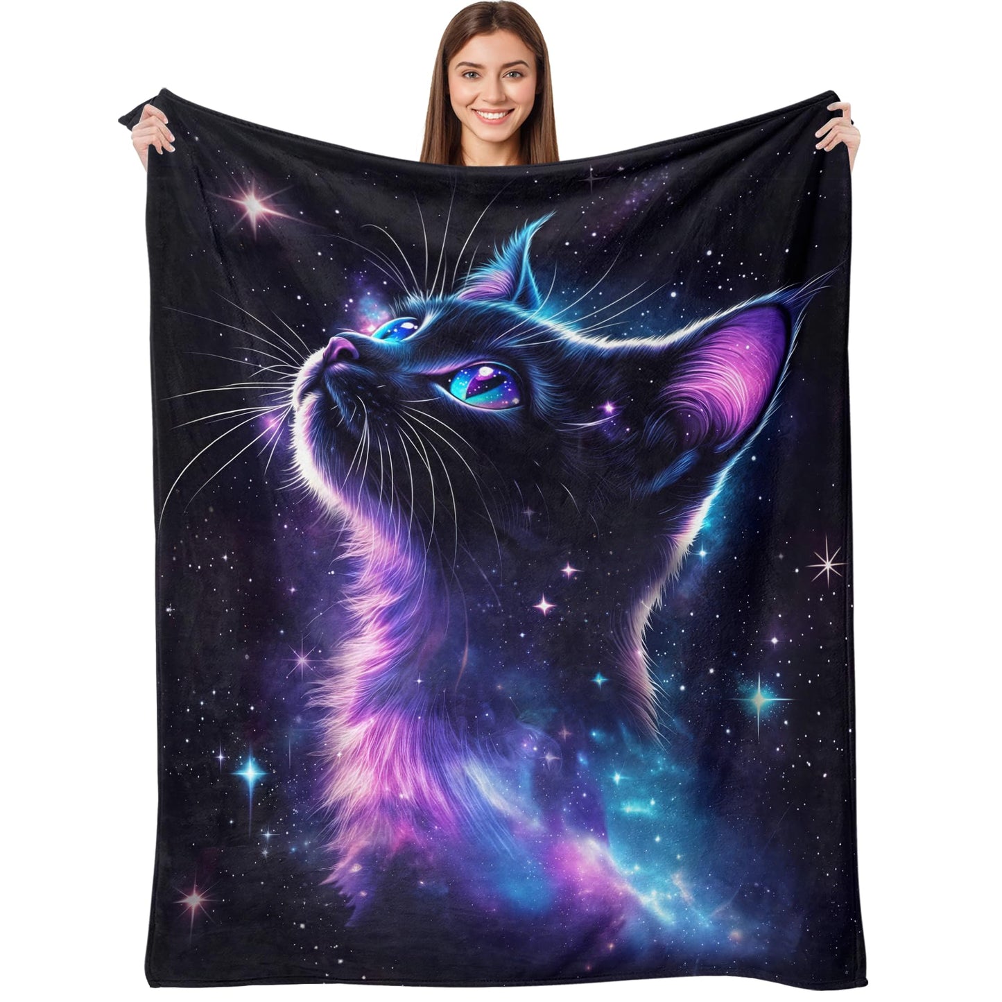 kampdream Galaxy Space Cat Flannel Blanket, Nebula and Starry Night Sky, Super Soft and Warm Couch Sofa Living Room Cute Decor Ideal Gift for Teens Girls 50×60 inch