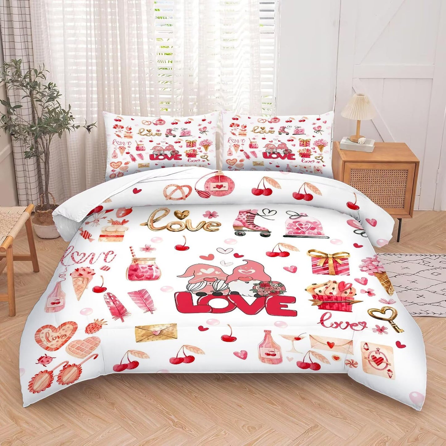 kxry Lightweight Love Comforter Sets Valentines Day Romantic King Size Bedding Set 3 Pcs with 1 Comforter and 2 Pillowcases Soft Kawaii Cartoon Comforter Heart Soft Warm Quilt