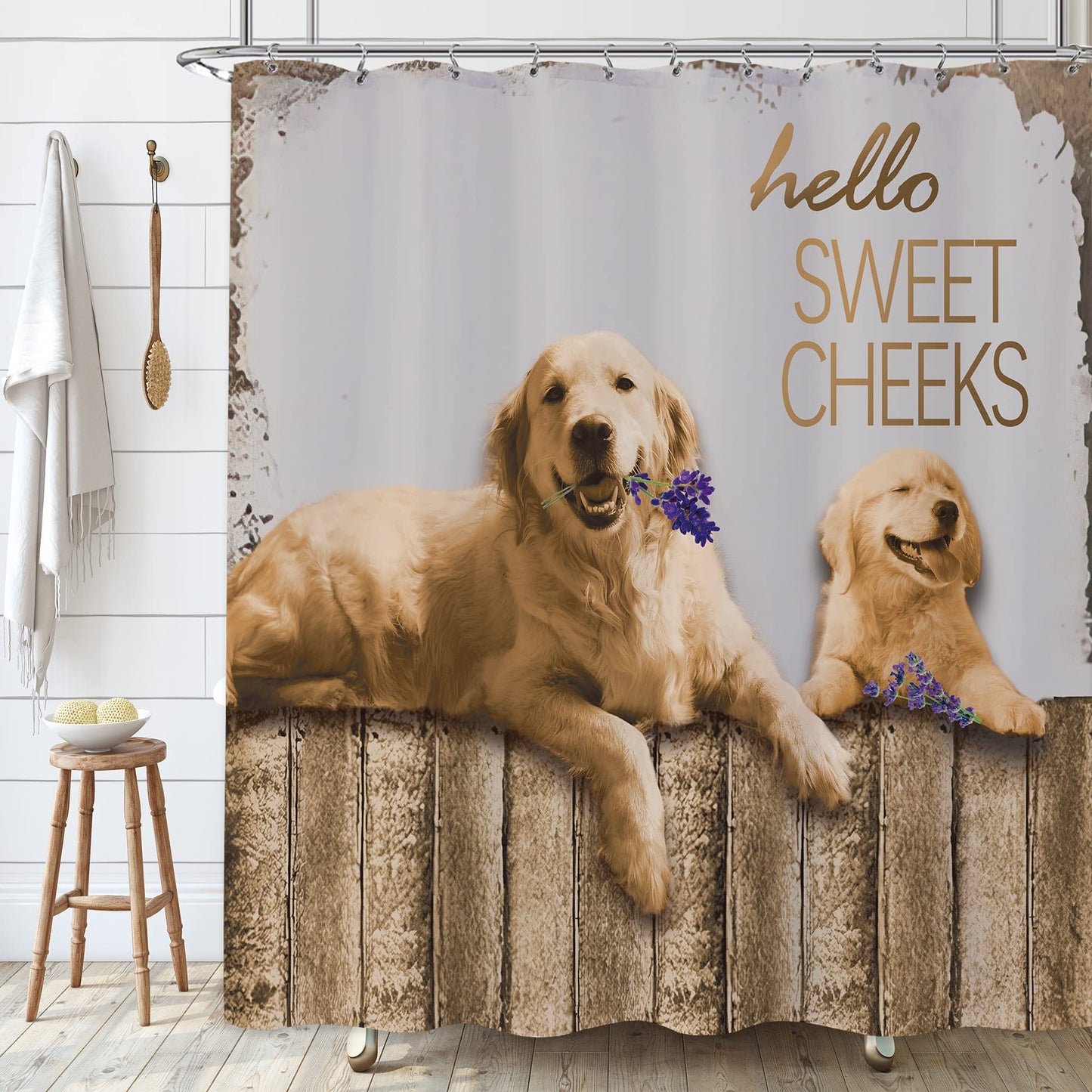 Laifzere Funny Dog Shower Curtain - Farmhouse Western Rustic for Bathroom Set, Wooden Fun Farm Retro Animal Hello Sweet Cheeks Fabric for Bathtub 72x72 Inch With Hooks