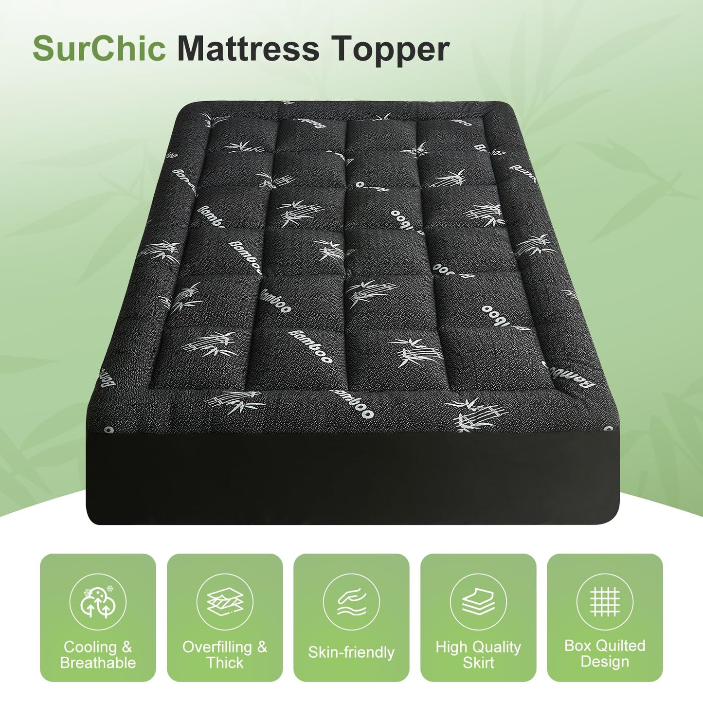 SurChic Queen Size Mattress Topper Viscose Derived from Bamboo, Soft Thick Pillow Top Mattress Pad Cover for Back Pain, Cooling Mattress Protector with 8-21 Inch Deep Pocket, Dark Grey