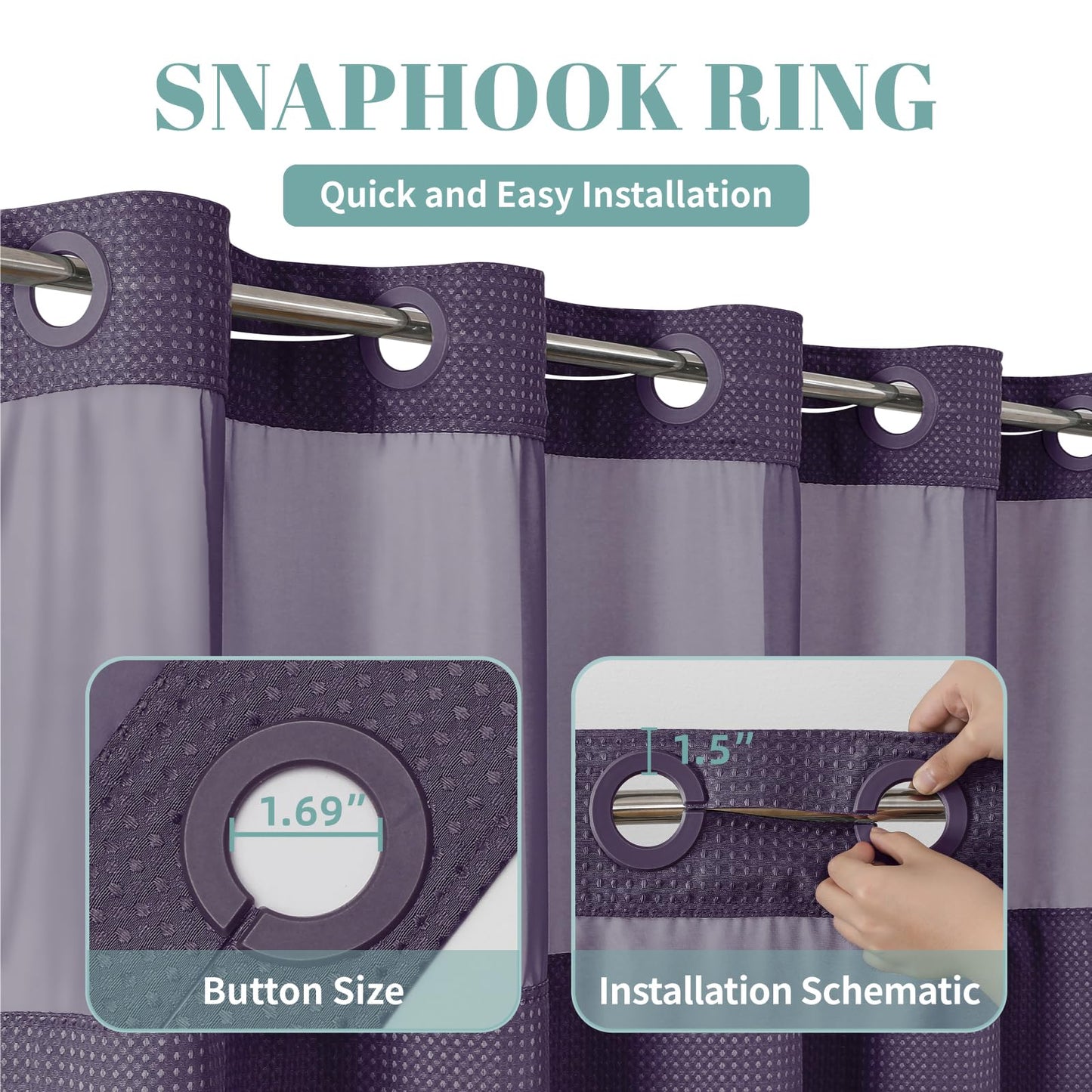 eachope Purple No Hook Waffle Weave Shower Curtain with snap-in Liner Replacement, 230GSM Waterproof Fabric Hotel Shower Curtain Set for Bathroom, Through Mesh Top Window,71Wx74H