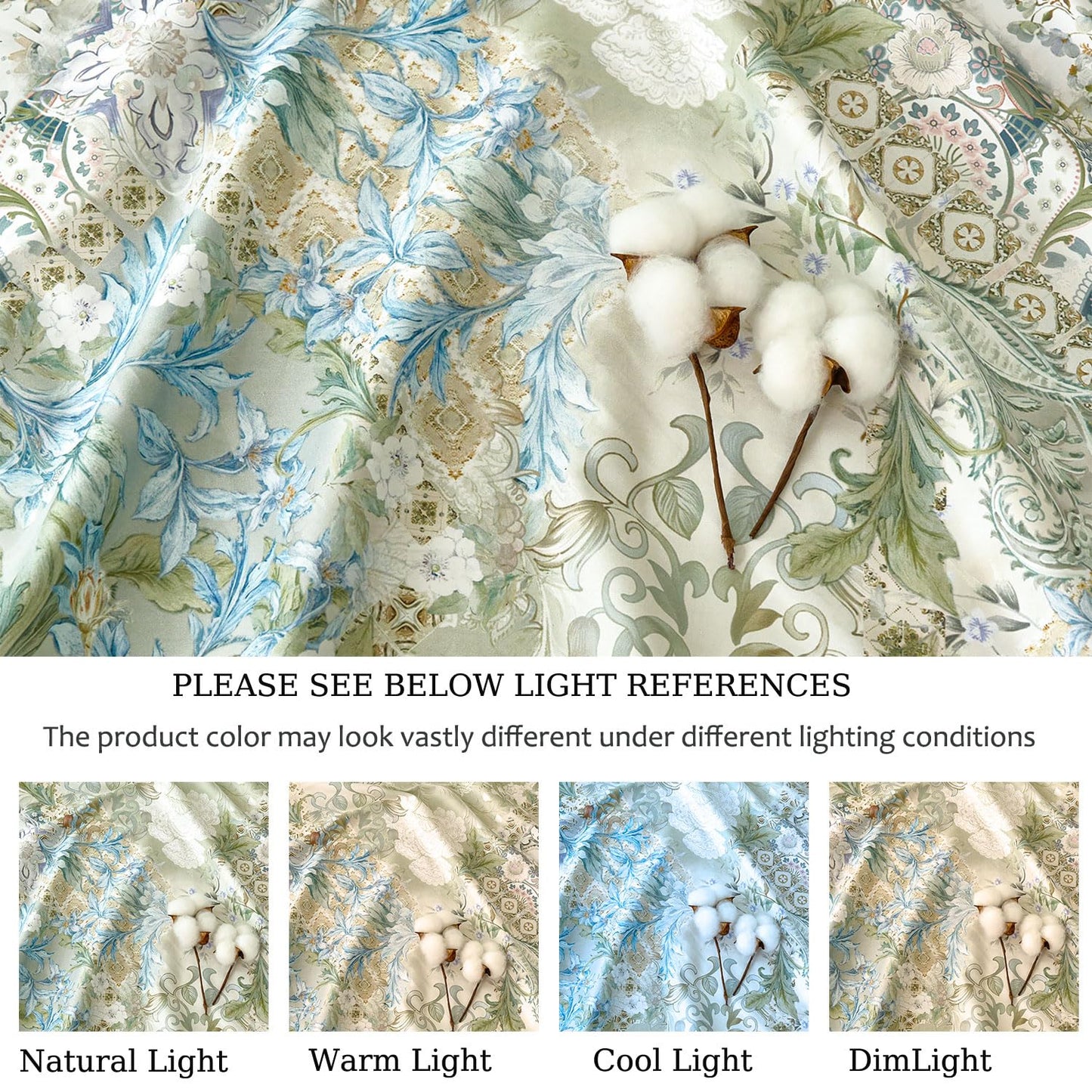 Zusbest Queen Sheet Set Luxury Sage Green Floral Bed Sheets 100% Cotton, Satin Weave Soft Silky Breathable for Hot Sleepers American Country Style Vintage Flower Deep Pocket 17.5‘’ Bed Set 4Pcs