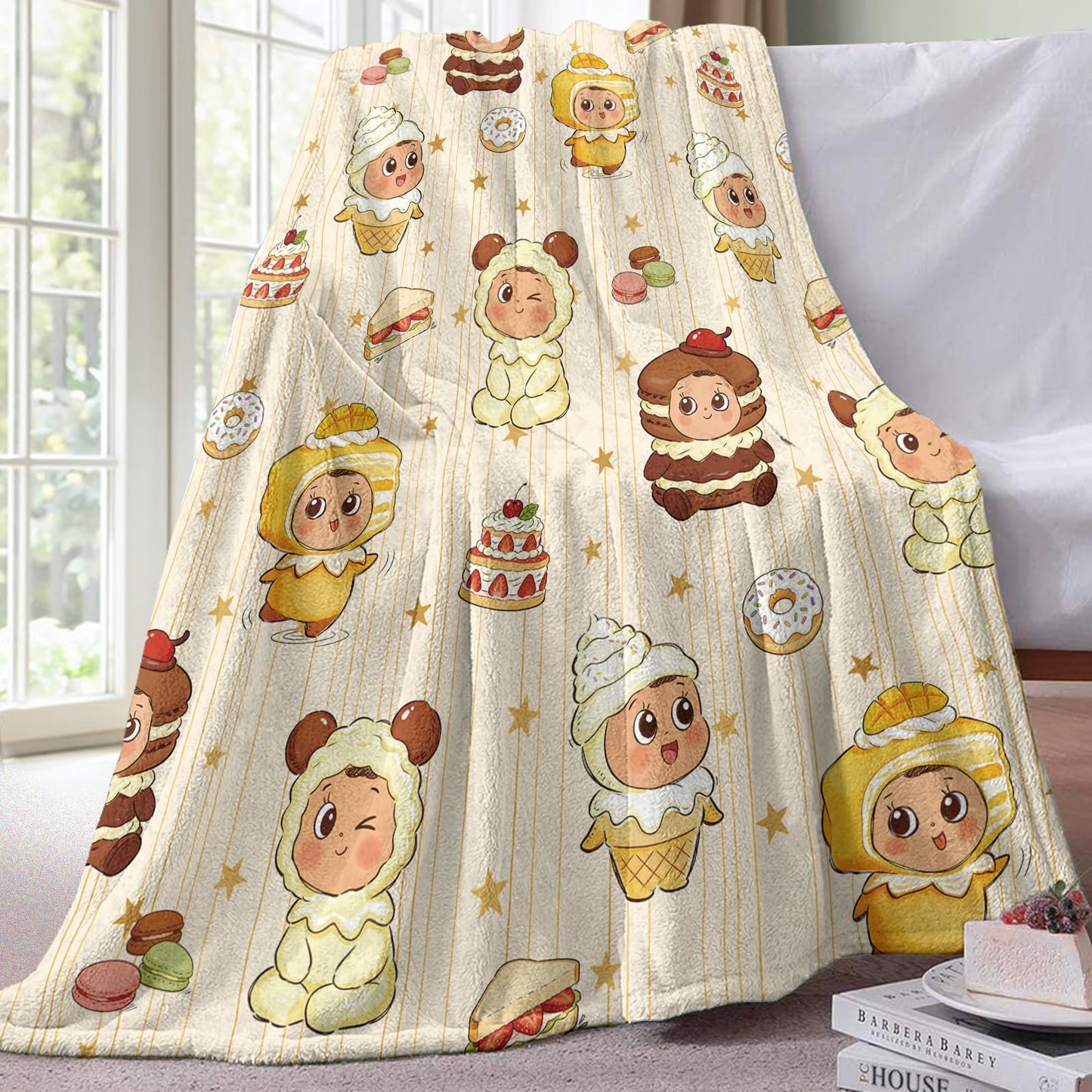 Stology Sweet Dessert Baby Flannel Throw Blanket, Cute Macaron Ice Cream Cake Donut Sandwich Gifts for Kids Toddler Children Teen, Yellow Star Nursery Soft Blankets for Bedding Sofa 50''x60''