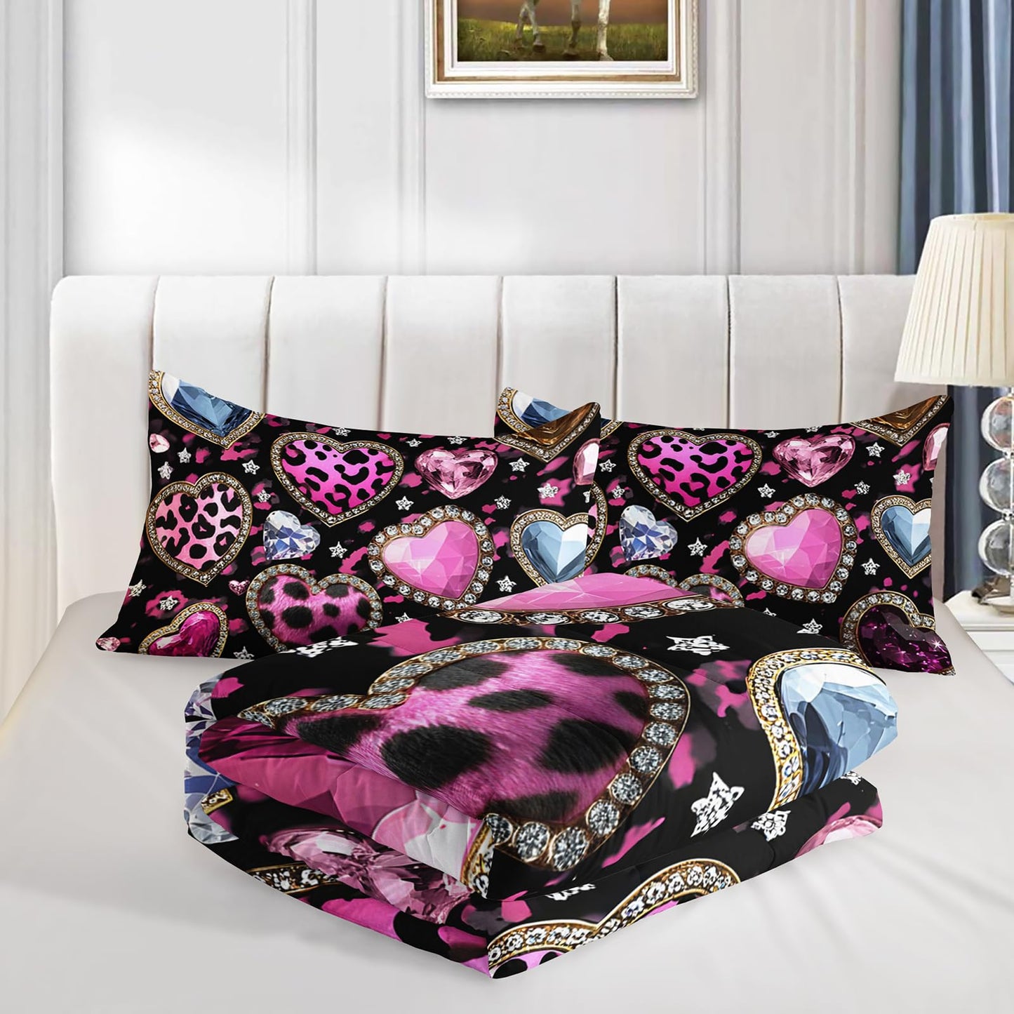 QOOMO Pink Heart Kids Full Comforter Set 3Pcs Leopard Love Heart Bedding Set for Girls Boys Crystal Diamond Printed Comforter with 2 Pillowcases Lightweight Microfiber for All Seasons