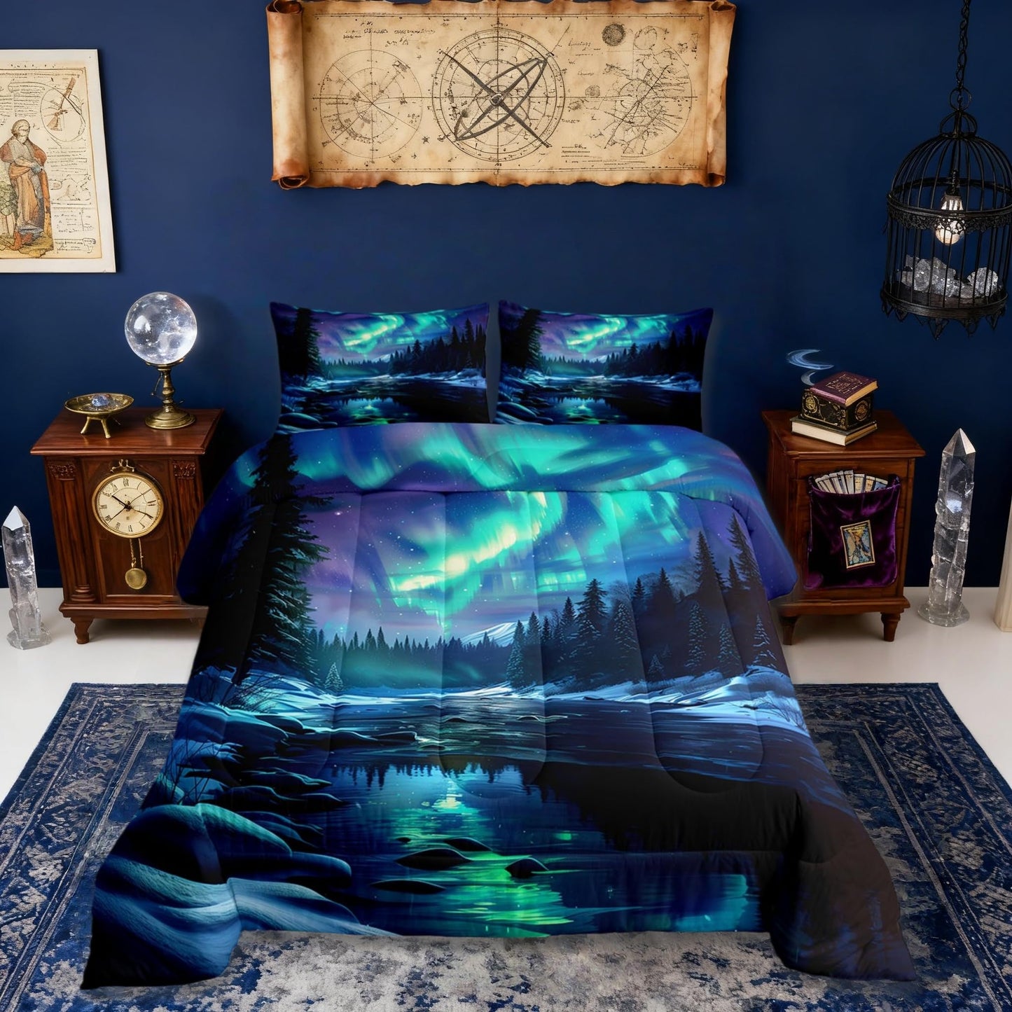 Manfei Northern Lights Kids Comforter Set Twin Size,Pine Trees River Natural Bedding Set Room Decor,Romantic Mysterious Magical Quilt Comforter,Blue and Green Duvet Set Bedroom Quilt Set,1 Pillowcase