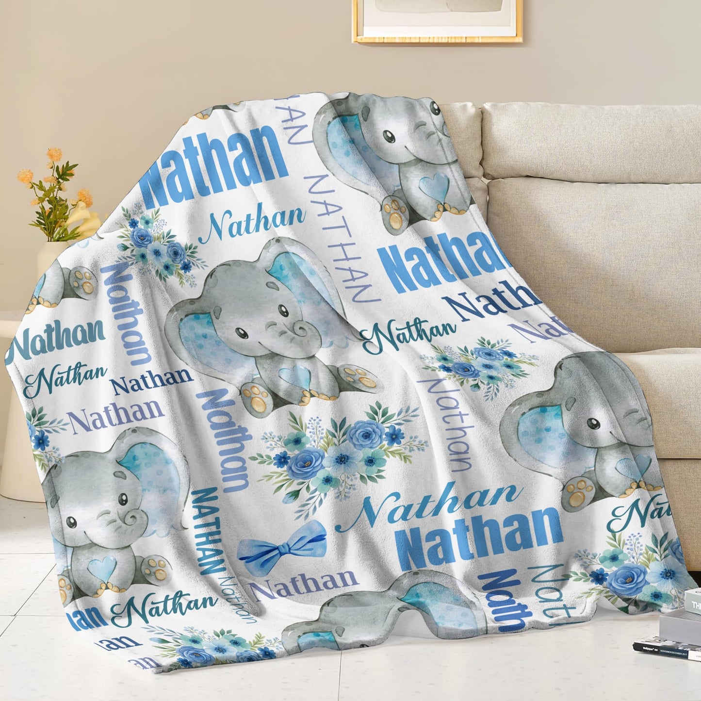 Lcyawer Personalized Blanket with Name, Custom Elephant Blanket for Baby, Flannel Throw Blankets for Boys Gifts, Personalized Baby Boy Gifts for Infant Newborn Shower, Printed in USA