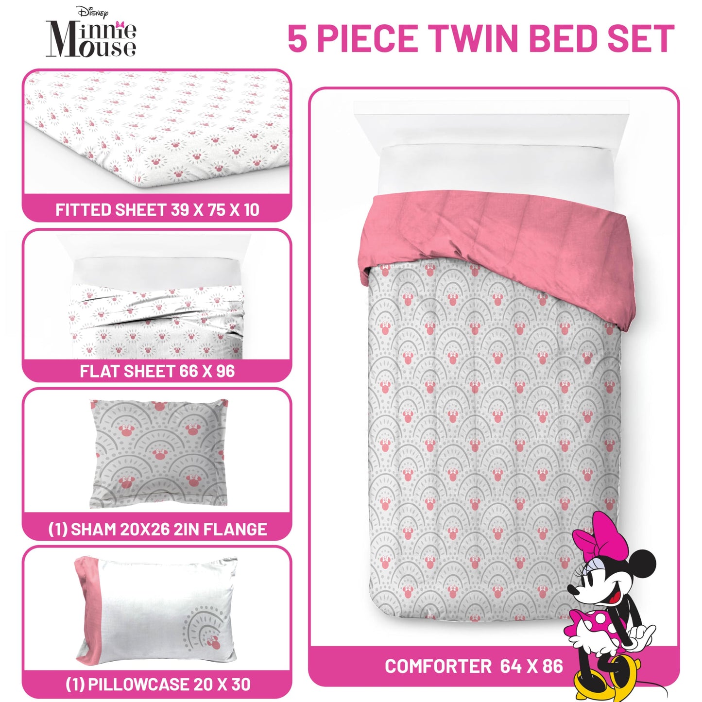 Disney Minnie Mouse Twin Comforter Set - 5 Piece Bedding Includes Sheet Set & Pillow Covers - Super Soft Cozy Pink Mandala Bedding