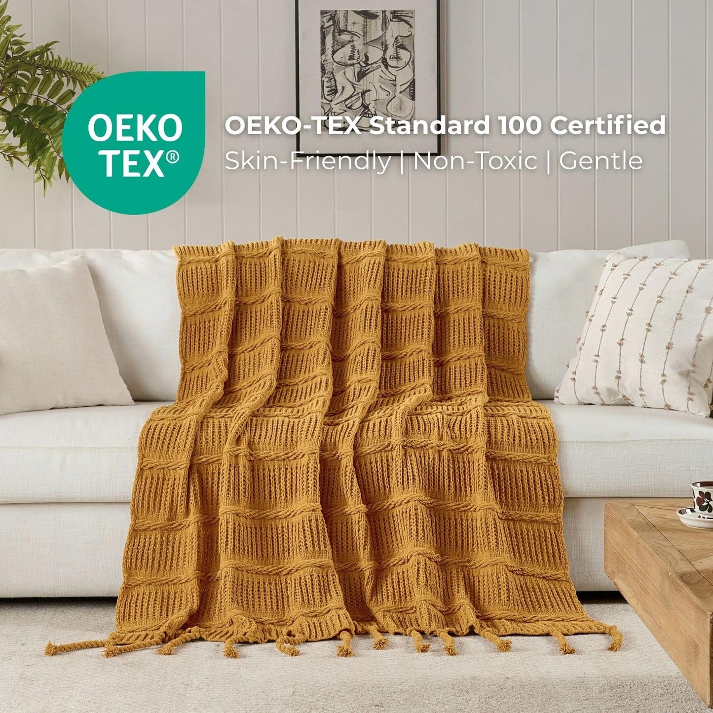 Boho Knitted Chenille Blanket with Tassels - Lightweight & Soft All-Season Throw - 3D Classic Pattern for Living Room Bedroom Couch, Amber Brown, Queen 90"x90"