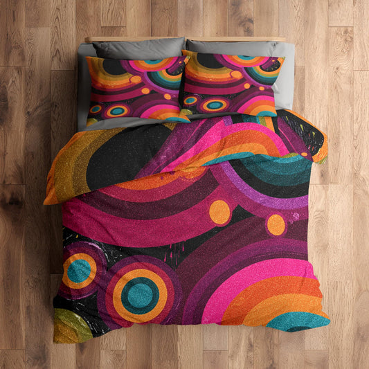 Abstract Geometric Queen Duvet Cover Set 3 Piece, Retro Circle Swirl Reversible Bedding with 2 Pillow Shams, Zipper & Ties, Ultra Soft Microfiber, Abstract Bedroom Decorations 20A-L