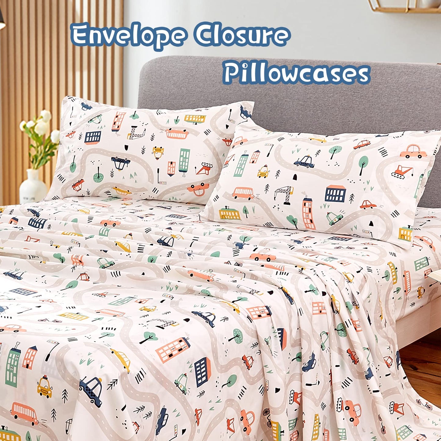 JSD Car Kids Printed Sheet Set Full Size, 4 Piece Soft Microfiber Bed Sheets Deep Pocket