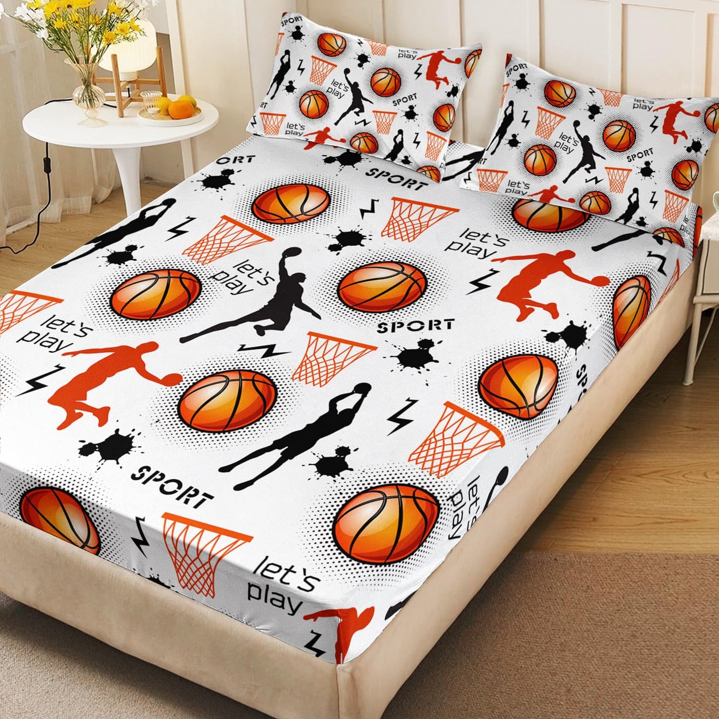 HOSIMA Basketball Twin Bedding Sets for Boys Room Decor,Various Postures of Shooting Print Fitted Sheet,Basket and Basketball Pattern Teens Sports Bedding,1 Fitted Sheet+2 Pillowcases.
