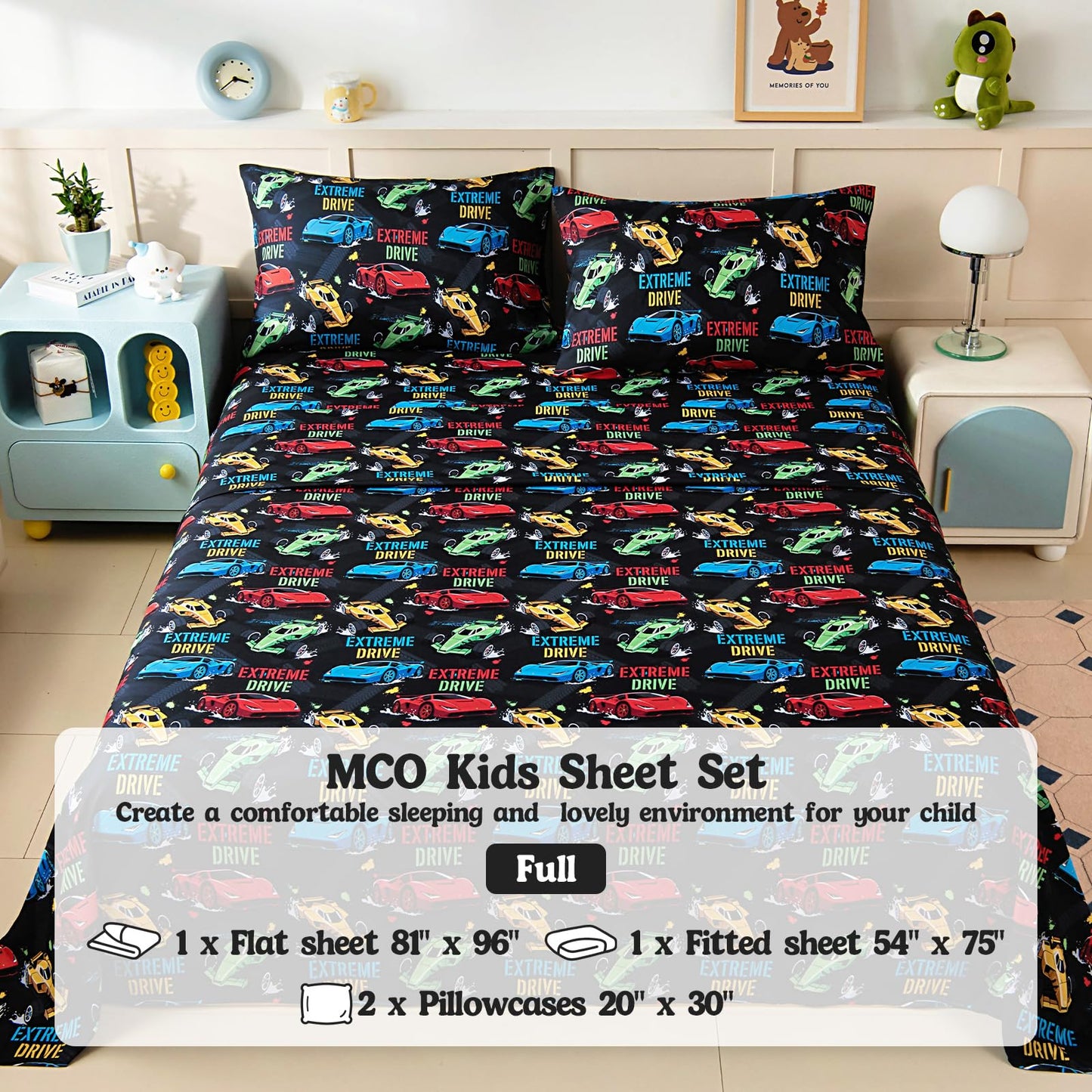 MCO Kids Full Size Bed Sheets, Soft Microfiber Full Size Sheets for Boy Girls, 4 Pieces Breathable Full Bed Sheet Race car Black