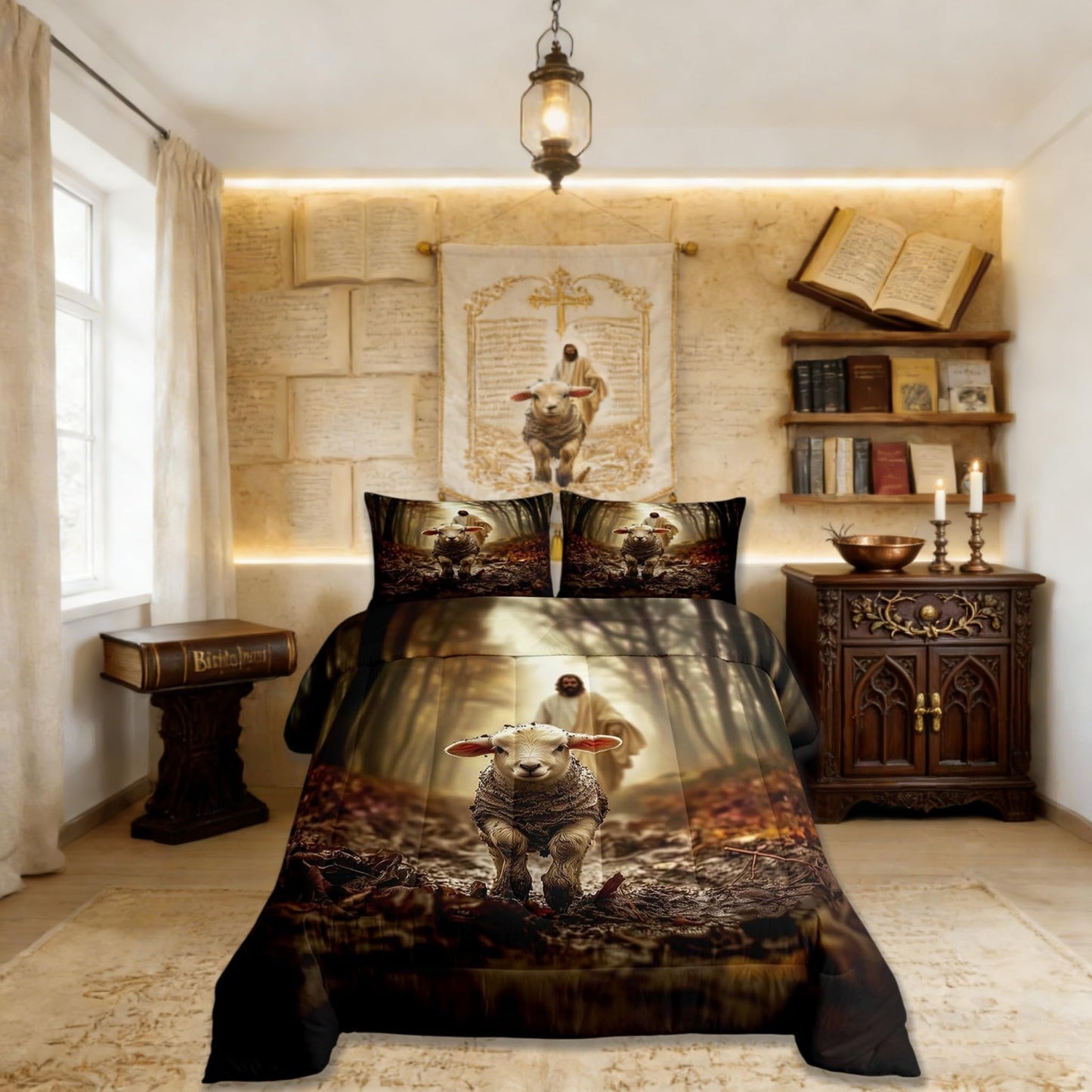 Manfei Western Kids Comforter Set Twin Size,God Running After Lost Lamb Bedding Set Boys Girls Room Decor,Spiritual Bible Verse Quilt Comforter,Brown Duvet Set Bedroom Quilt Set,1 Pillowcase