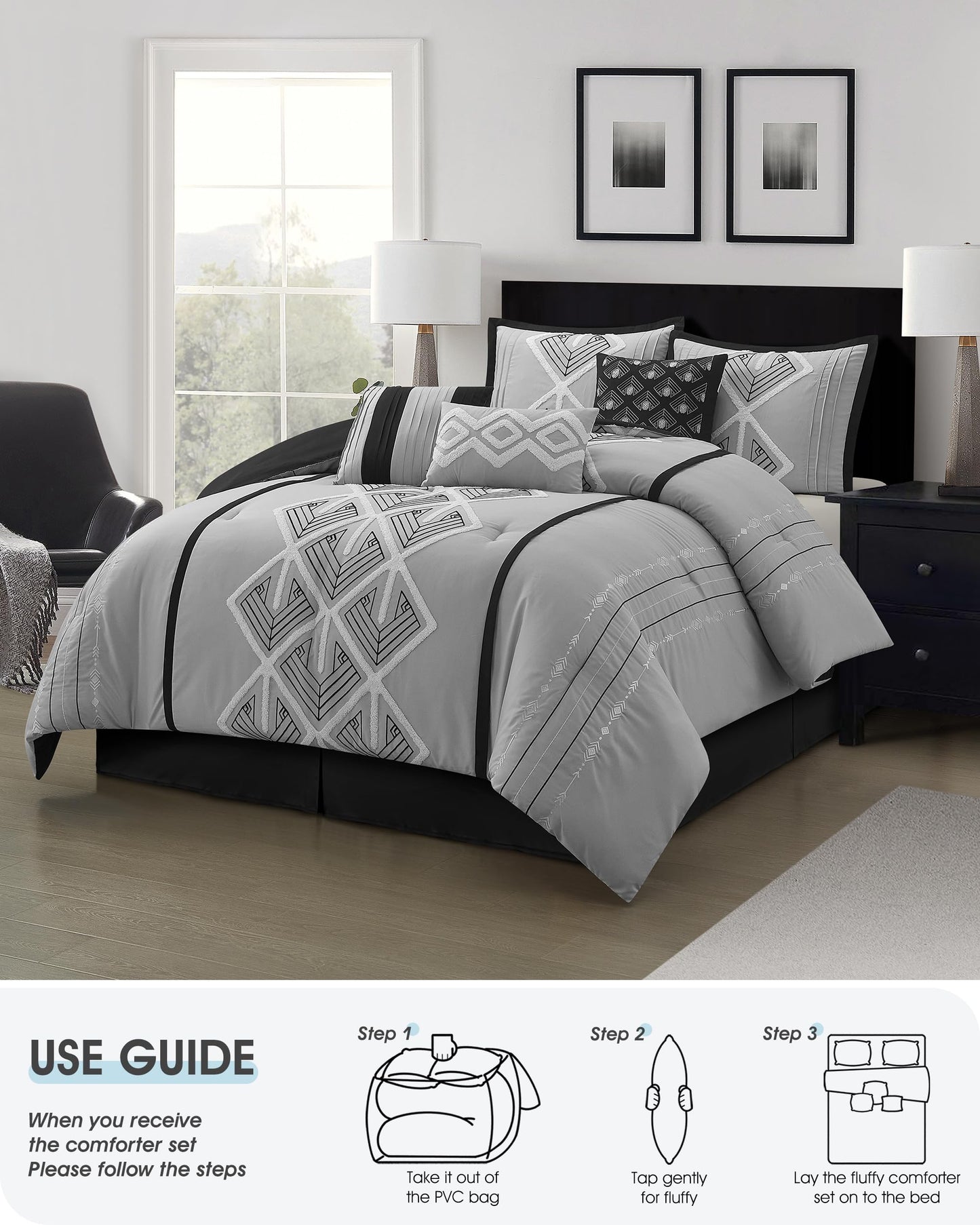 LANCO MODERN LIFESTYLE Grey Queen Comforter Set, Soft Lightweight Bedding Set for All Seasons, 7 Pieces, Comforter, Bedskirt, 2 Pillow Shams and 3 Decorative Pillows