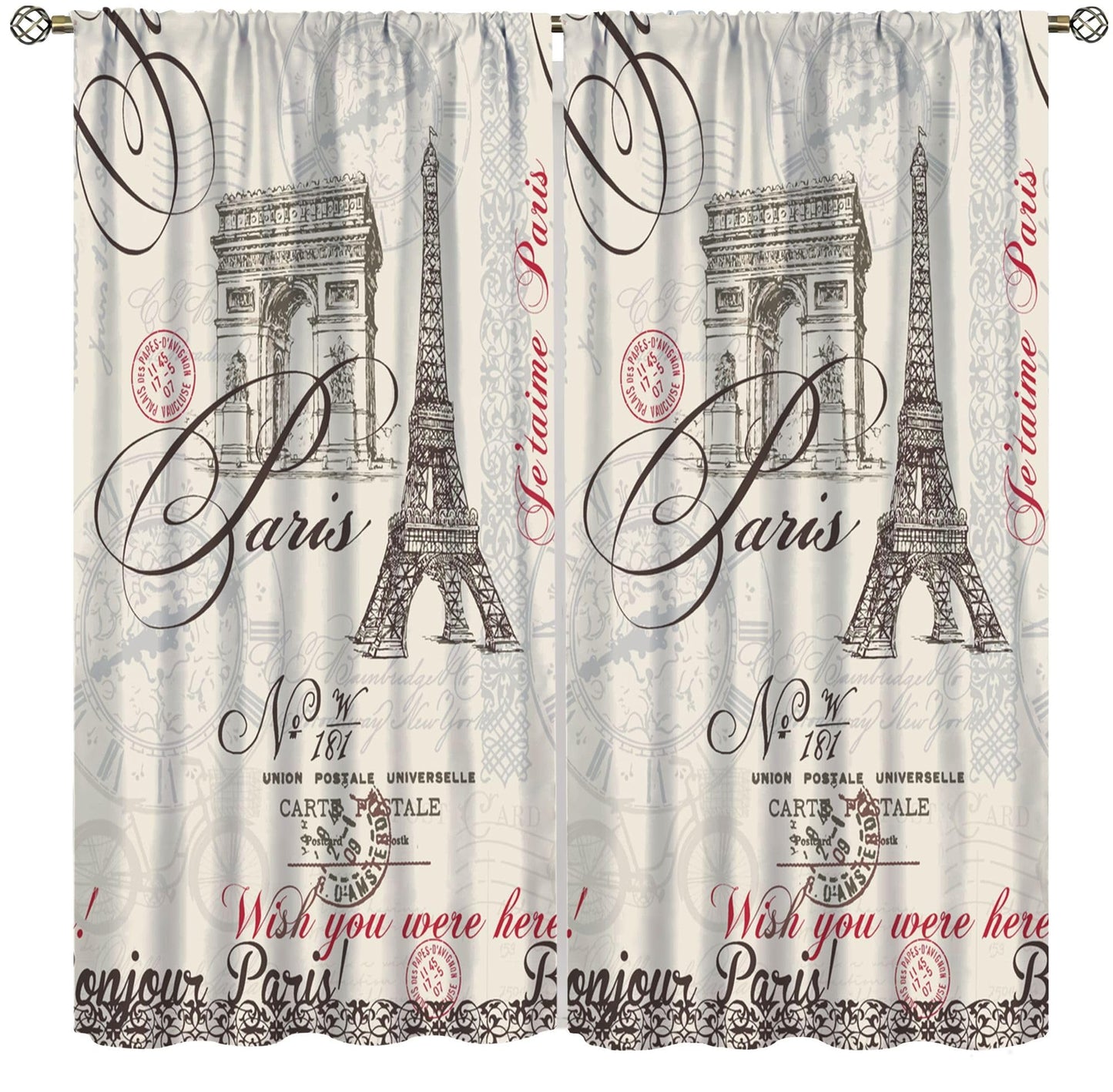 VUMIVI Vintage Stamps Curtains Paris Eiffel Tower Arc De Triomphe Postmarks Blessings Window Treatments for Bedroom Living Room Office Kitchen 42" W X 44.5" L