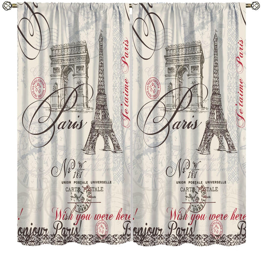VUMIVI Vintage Stamps Curtains Paris Eiffel Tower Arc De Triomphe Postmarks Blessings Window Treatments for Bedroom Living Room Office Kitchen 42" W X 44.5" L