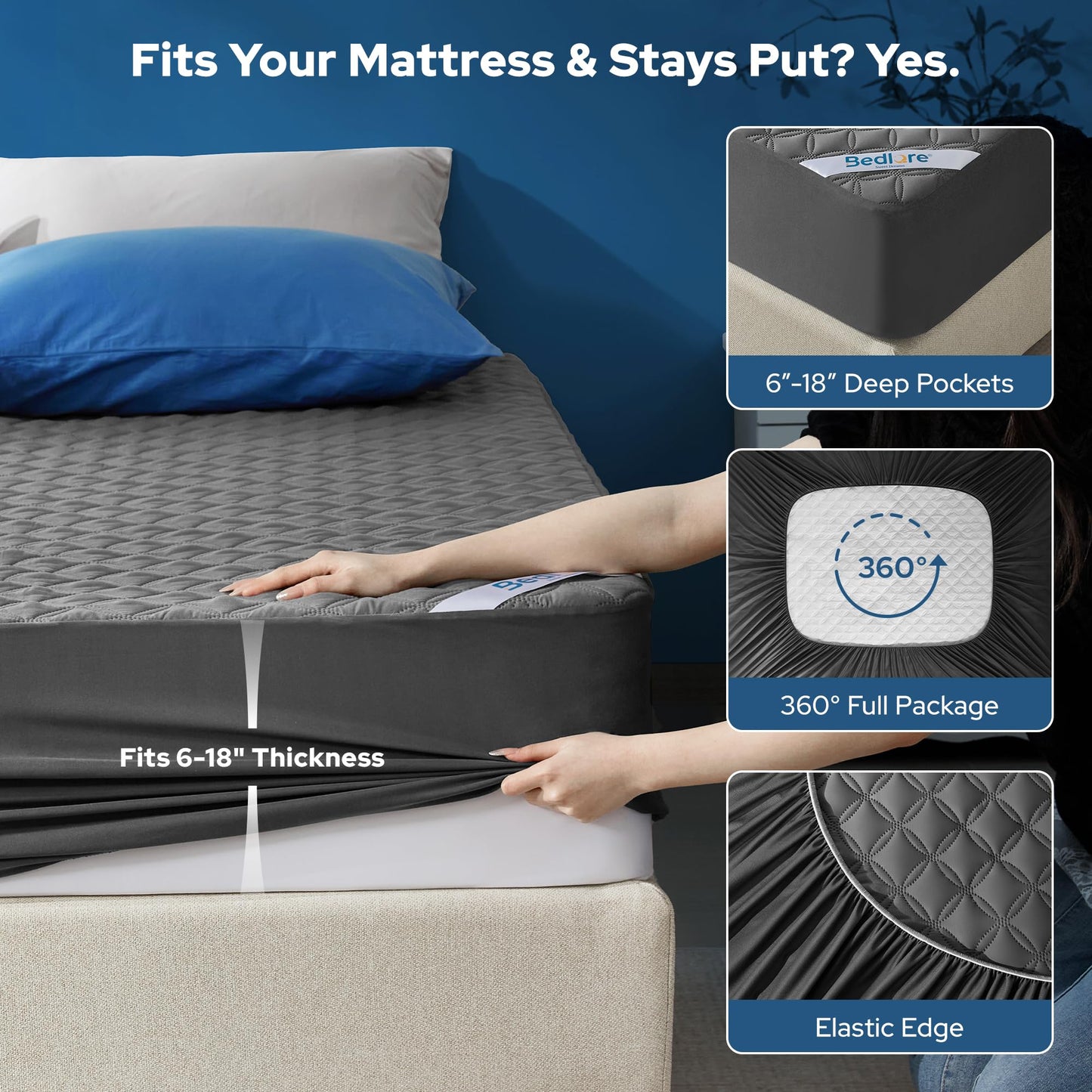 2 Pack Waterproof Mattress Protector, Queen Size Mattress Pad Noiseless with Deep Pocket Fitted for 6"-18", Soft Breathable Dirt-Proof Bed Mattress Cover Washable for Home, Bedroom, Hotel (Gray)