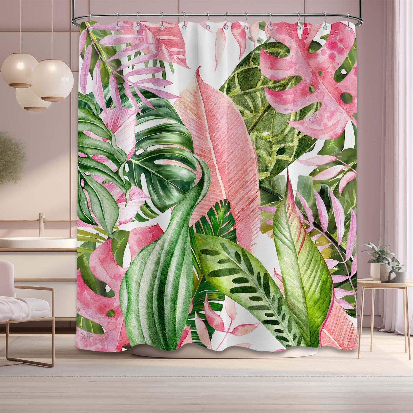 Pdvbiee Pink and Green Tropical Palm Leaf Shower Curtain, 70 X 72 Inch