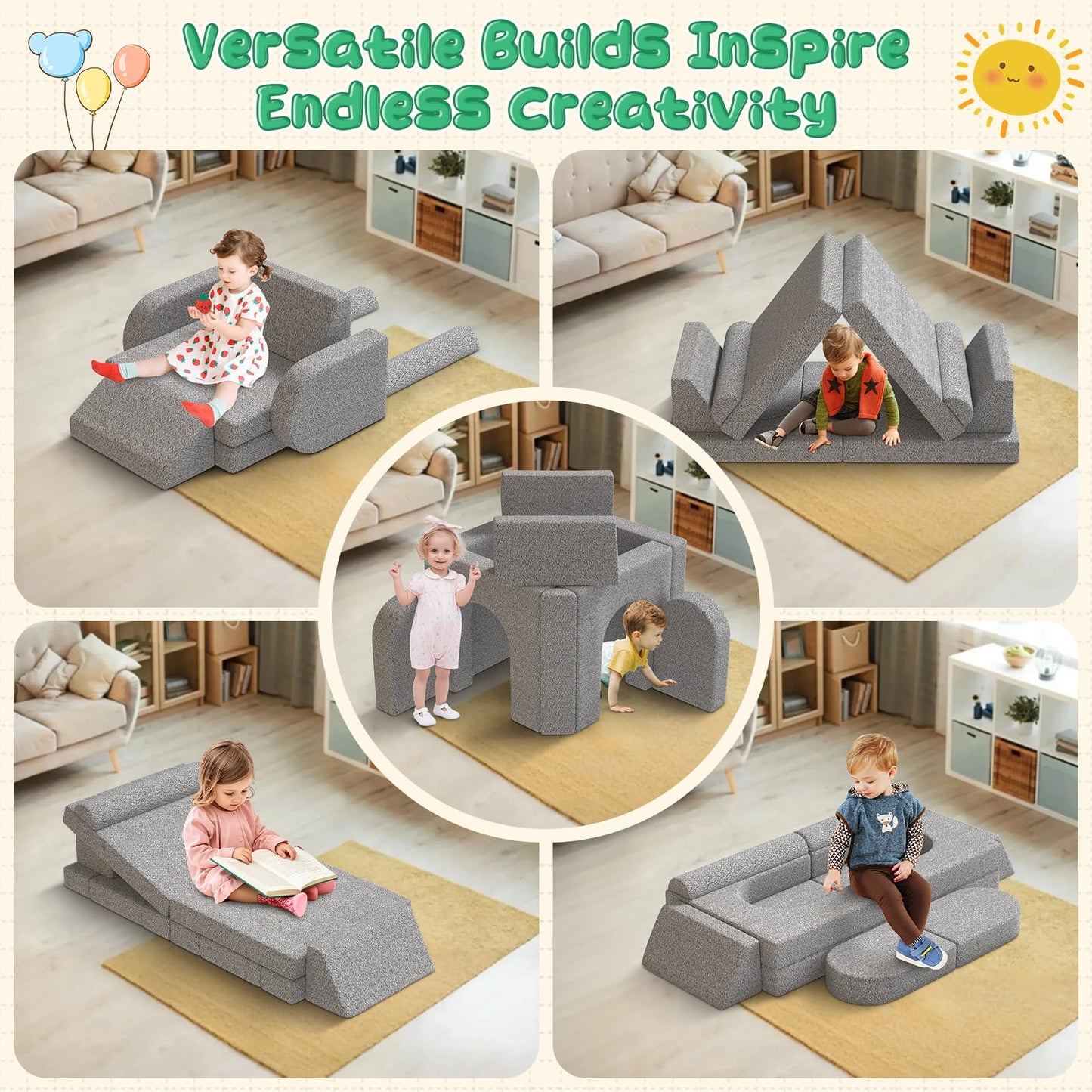 GoFujuco Modular Kids Play Couch with Washable Covers – Foam Toddler Sofa for Creative Play, Climbing, and Lounging – Convertible Kid Sofa Play Furniture for Kids Room or Nursery (Grey)