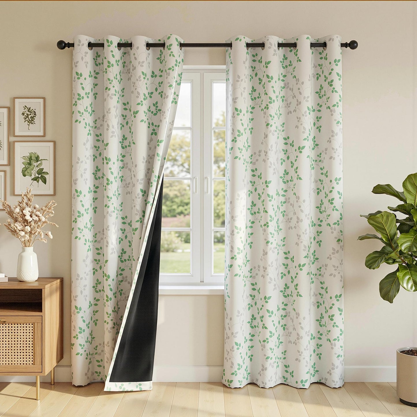 MEETSKY 95% Blackout Curtains for Bedroom, Green and Grey Leaf Curtains 84 Inches Long 2 Panels, Patterned Curtain Living Room Thermal Insulated Room Darkening Grommet Drapes, Each Panel 52" W