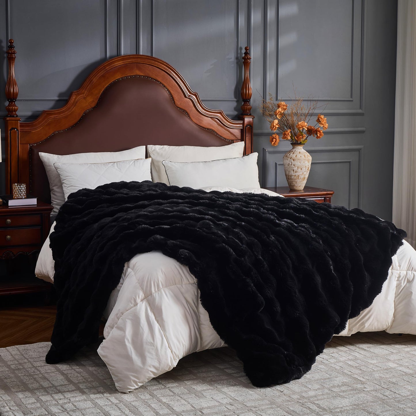 UKELER Faux Fur Throw Blankets, 750 GSM Double Sided Luxury Bubble Cozy Warm Decorative Furry Blanket, Soft Plush Fluffy Fuzzy Blanket for Couch Sofa Bed Office Camping, Black 50"x60"