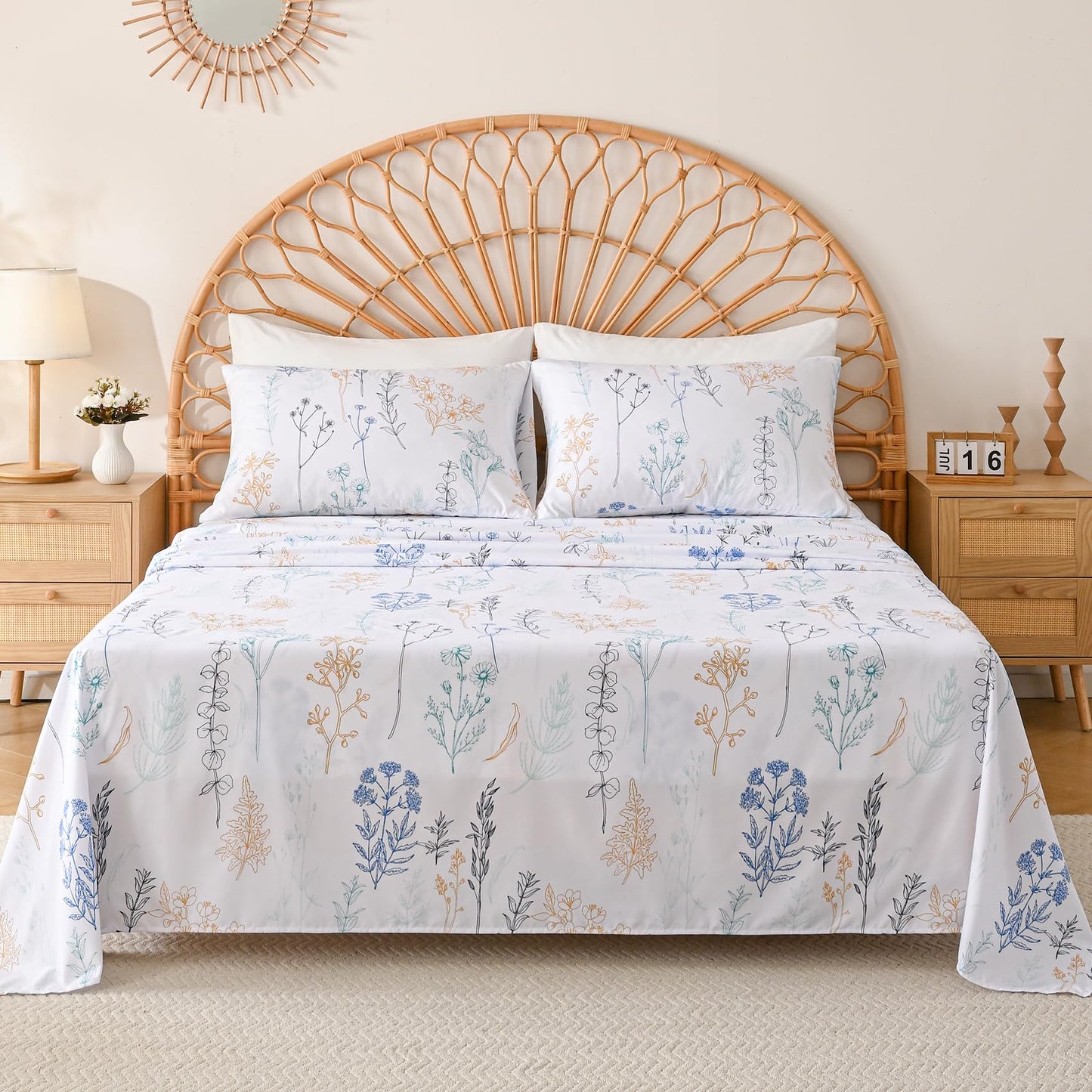 Yibeizi Floral Printed Sheet Set Queen, Boho Botanical Pattern Bed Sheets Microfiber Bedding Sheets & Pillowcases Soft 15" Extra Deep Pocket Fitted Bedsheet 4 Piece