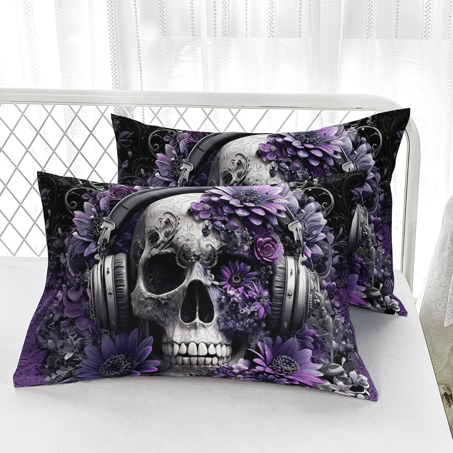 AILONEN Girls Floral Skull Fitted Sheet Set Queen Size,3-Piece Music Themed Skeleton Bedding Set,Gothic Purple Flower Skull Printed Deep Pocket Sheets with 2 Pillowcases