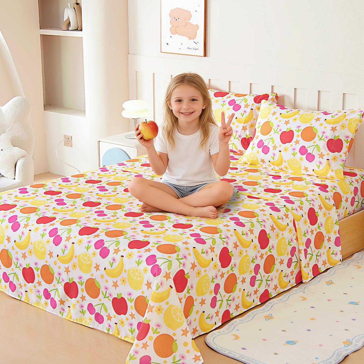 Homilay Full Sheet Set Kids - Banana Orange Lemon Cherry 4 Pieces Soft Microfiber Cartoon Style Bedsheets for Boys Girls Teens, Oeko TEX Breathable 15 Inch Deep Pocket Sheets(Fruit)