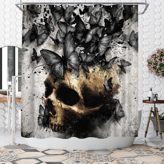 WELMECO Skull with Butterfly Shower Curtain Gothic Bathroom Decor Polyester Fabric, 72x72inch (Black)