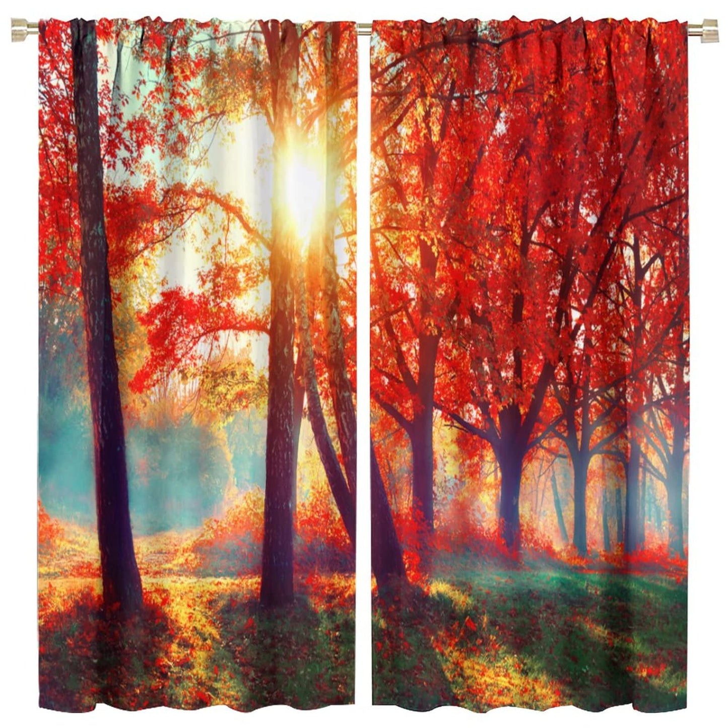 Tree Curtains - Autumn Foggy Park Autumn Nature Scenery Forest Maple Tree Sunshine, Living Room Bedroom Kitchen Decorative Curtains 2 Sets Panel, 42x45 Inch. Orange Yellow