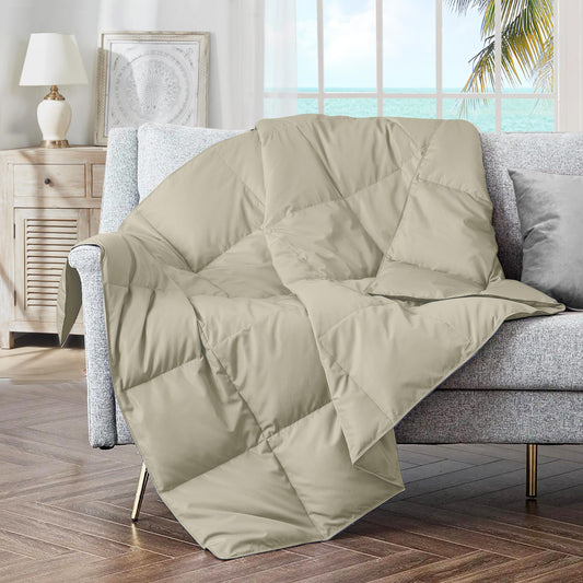 puredown® Soft Feather Down Throw Blanket Lightweight Packable Couch Throw for Indoor and Outdoor Use, Throw 50"X70", Beige