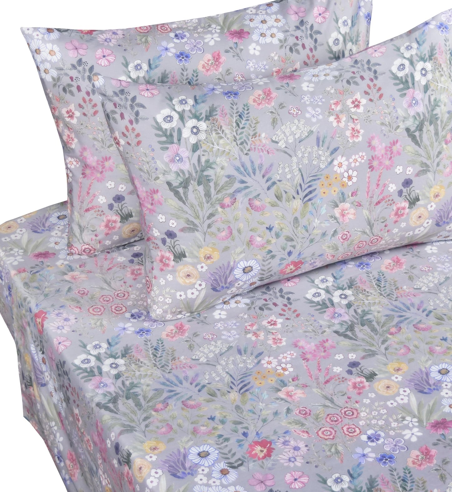 J-pinno Watercolor Flowers Elegant Grey Bloom Botanical Floral Wildflower Aesthetic Cute Sheet Set for Kids Girls Teens 100% Cotton Flat Sheet + Fitted Sheet + Pillowcase Bedding (Flower Garden, Full)
