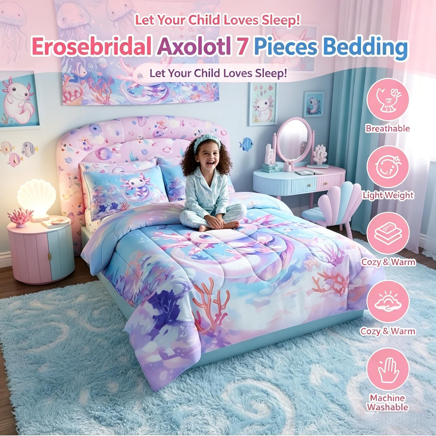 Erosebridal 7 Pieces Teen Girl Axolotl Bedding Set Queen Size - Kids Cute Axolotl Comforter Set with Sheets Cartoon Ocean Sealife Bed in A Bag with Flat Fitted Sheets Kawaii Salamander Bed Sets