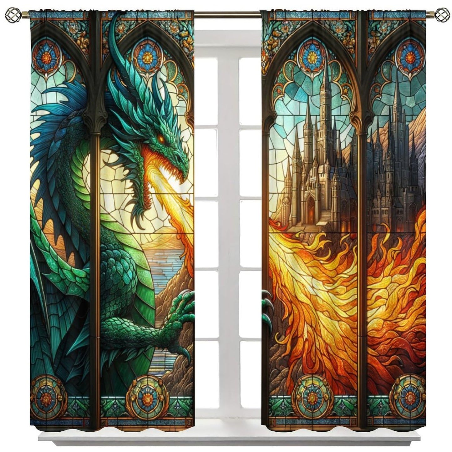FengMingRui Stained Glass Curtains Western Monon Dragon Castle Abstract Geometry Window Treatments for Boys Girls Bedroom Game Room Window Drapes 42" W X 45" L