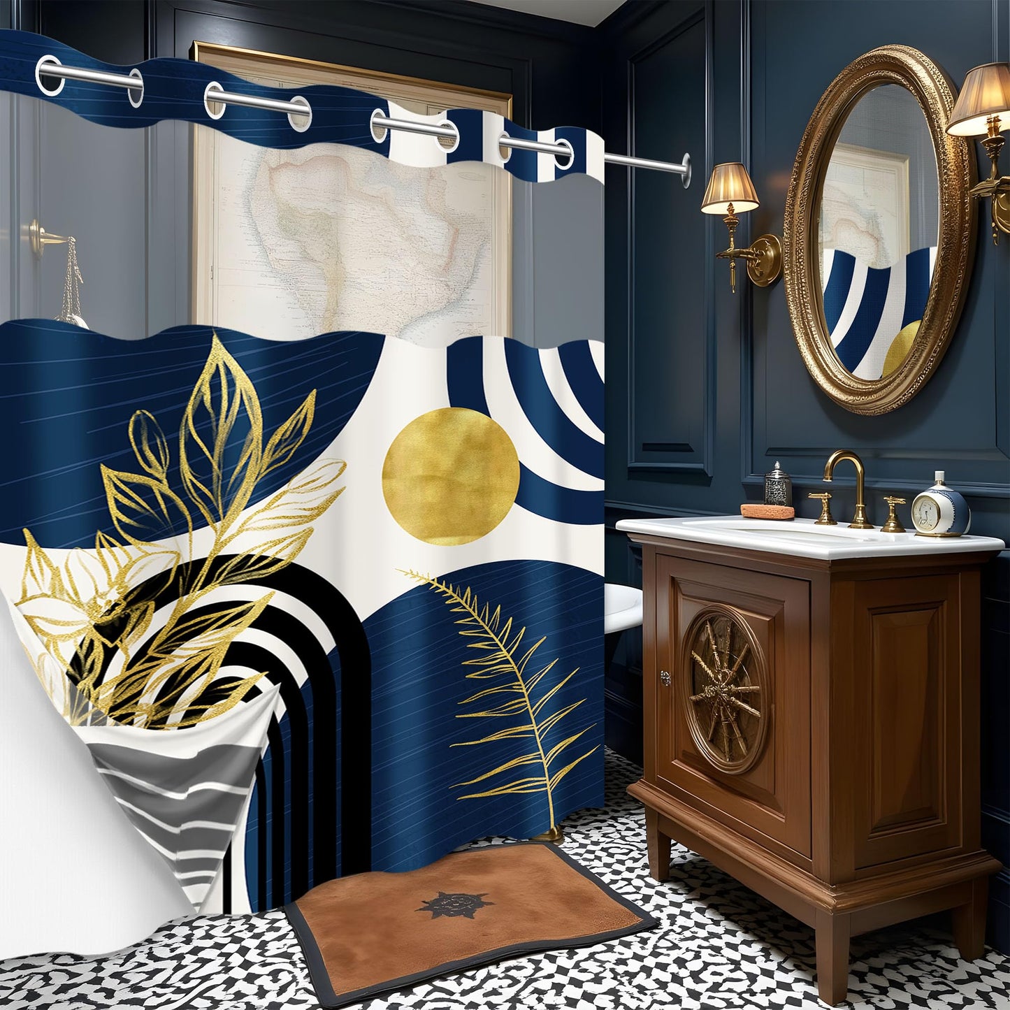 Boho Mid Century Modern Hookless Shower Curtain with Snap in Liner, Navy Blue and Gold No Hook Double Layer Shower Curtains and Liner Set, Waterproof Cloth Fabric, 60" W X 74" L