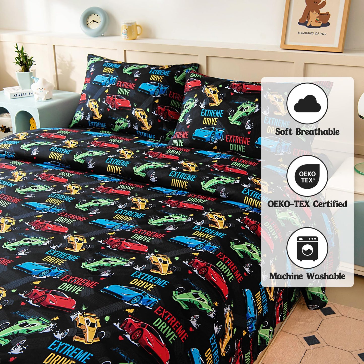 MCO Kids Full Size Bed Sheets, Soft Microfiber Full Size Sheets for Boy Girls, 4 Pieces Breathable Full Bed Sheet Race car Black