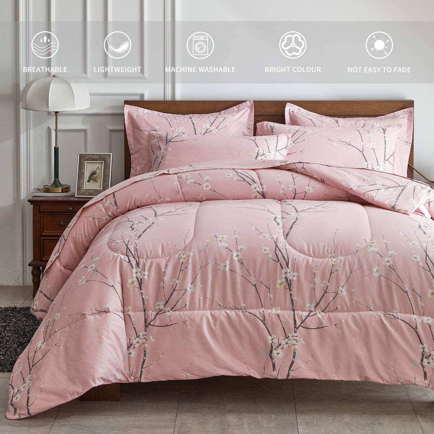 AIKASY Bed in a Bag 7 Pieces King Size - Floral Print - Soft Microfiber, Reversible Bed Comforter Set (1 Comforter, 2 Pillow Shams, 1 Flat Sheet, 1 Fitted Sheet, 2 Pillowcases)（Pink, King）