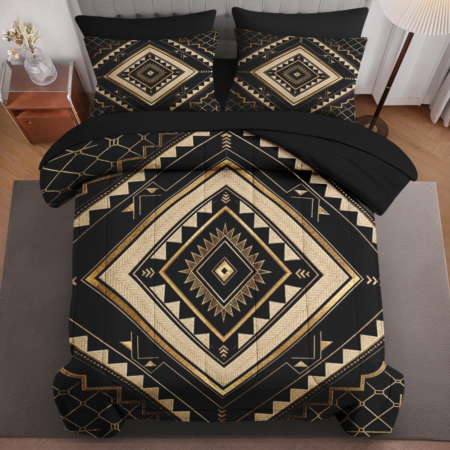 Boewywh Comforter Set Twin Size Aztec Geometric Gold 7 Pcs, Bedding for Kids and Adults, Southwestern Black Bed Sheet Sets with Fitted Sheet 2 Pillowcases & 2 Shams for Bedroom Bed Decor