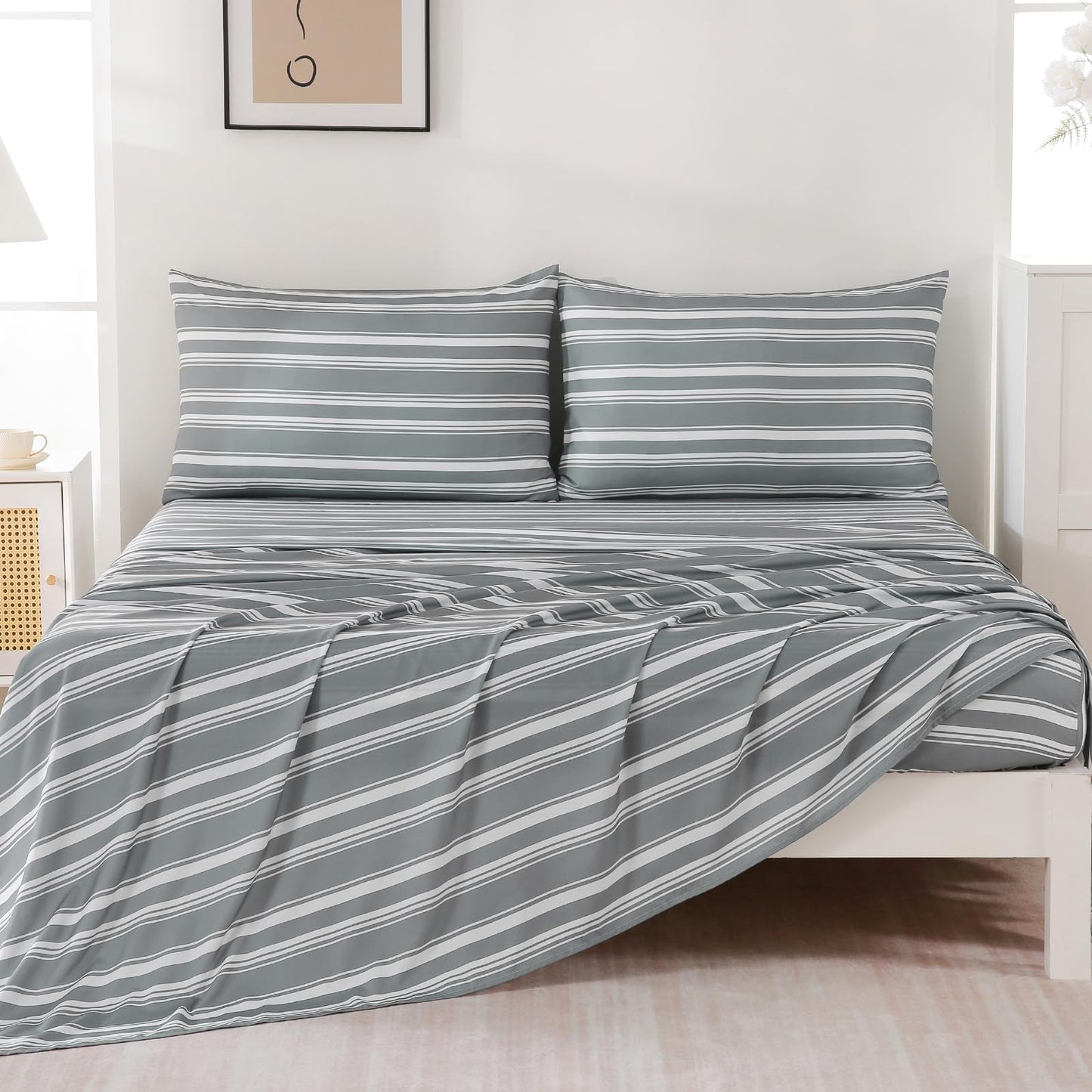 MCO 4Pieces Striped Sheets Set, Breathable King Sheet Set with 16" Deep Pocket,Modern & Luxury, Brushed Microfiber Bedding Set(King, Gray)