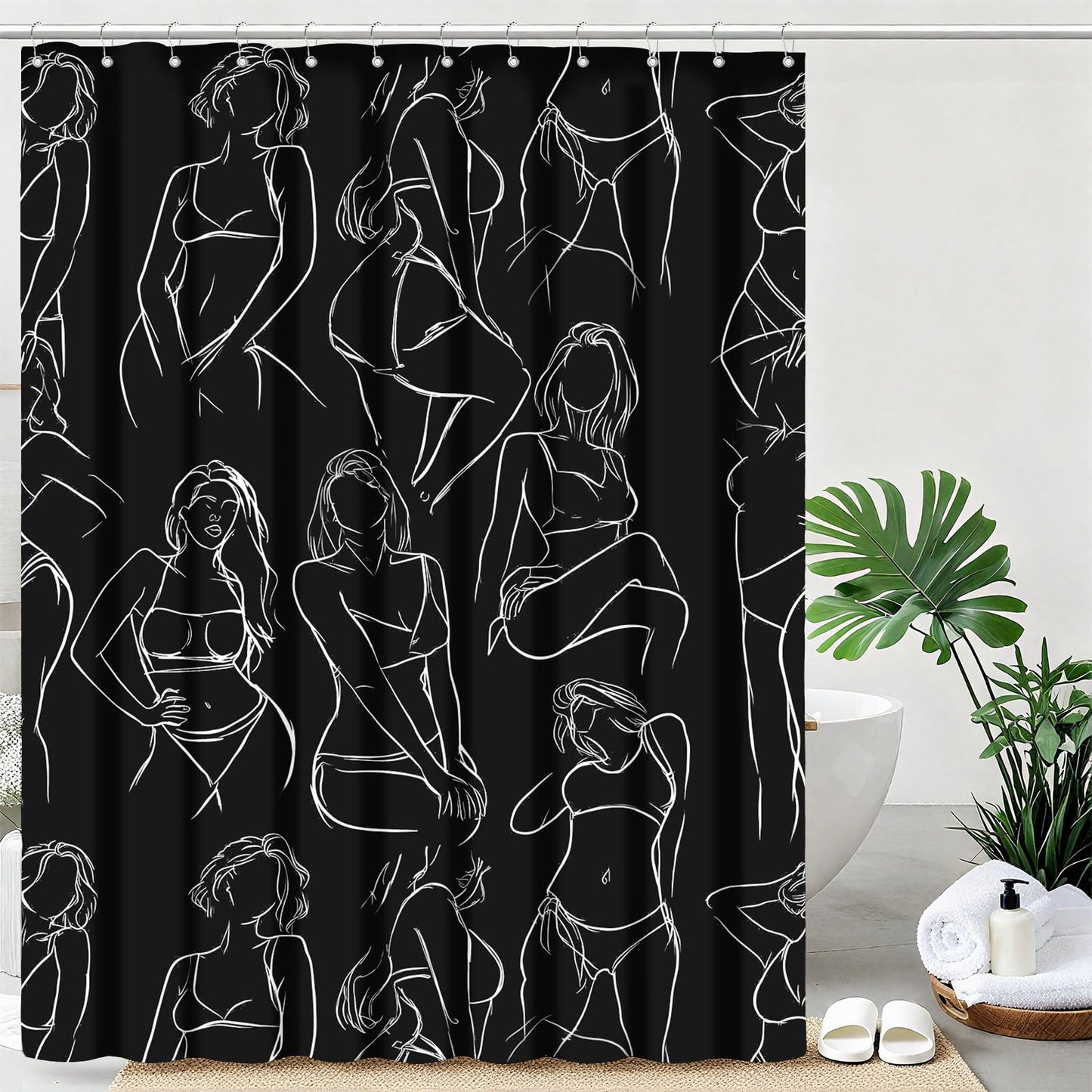 mutakin Black and White Shower Curtain Abstract Women Minimalist Art Shower Curtains for Bathroom Waterproof Fabric Bath Curtain Decor with Hooks