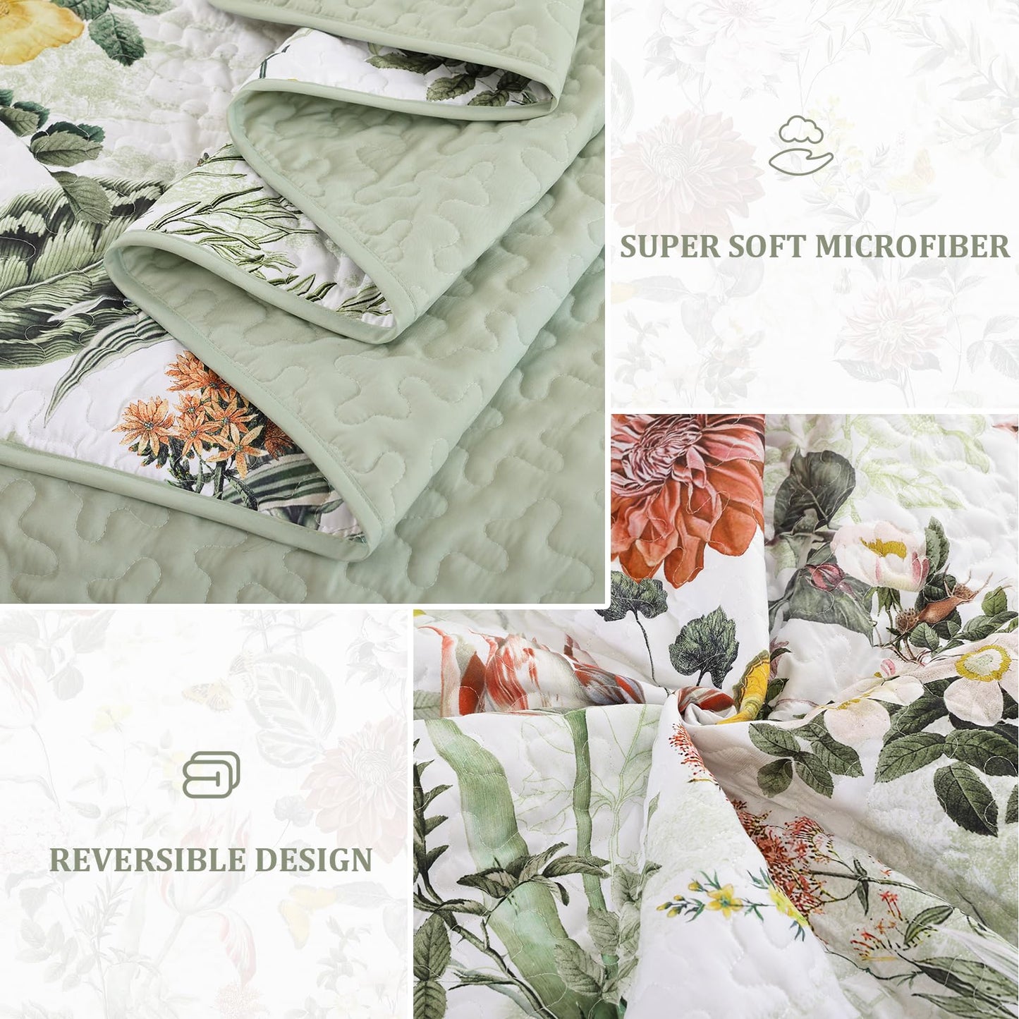 Anibedding Sage Green Queen Quilt Sets,3 Piece Floral Farmhouse Botanical Lightweight Microfiber Bedspread Coverlet with 2 Shams Spring Summer Bedding Quilts Set for All Season(90"x96")