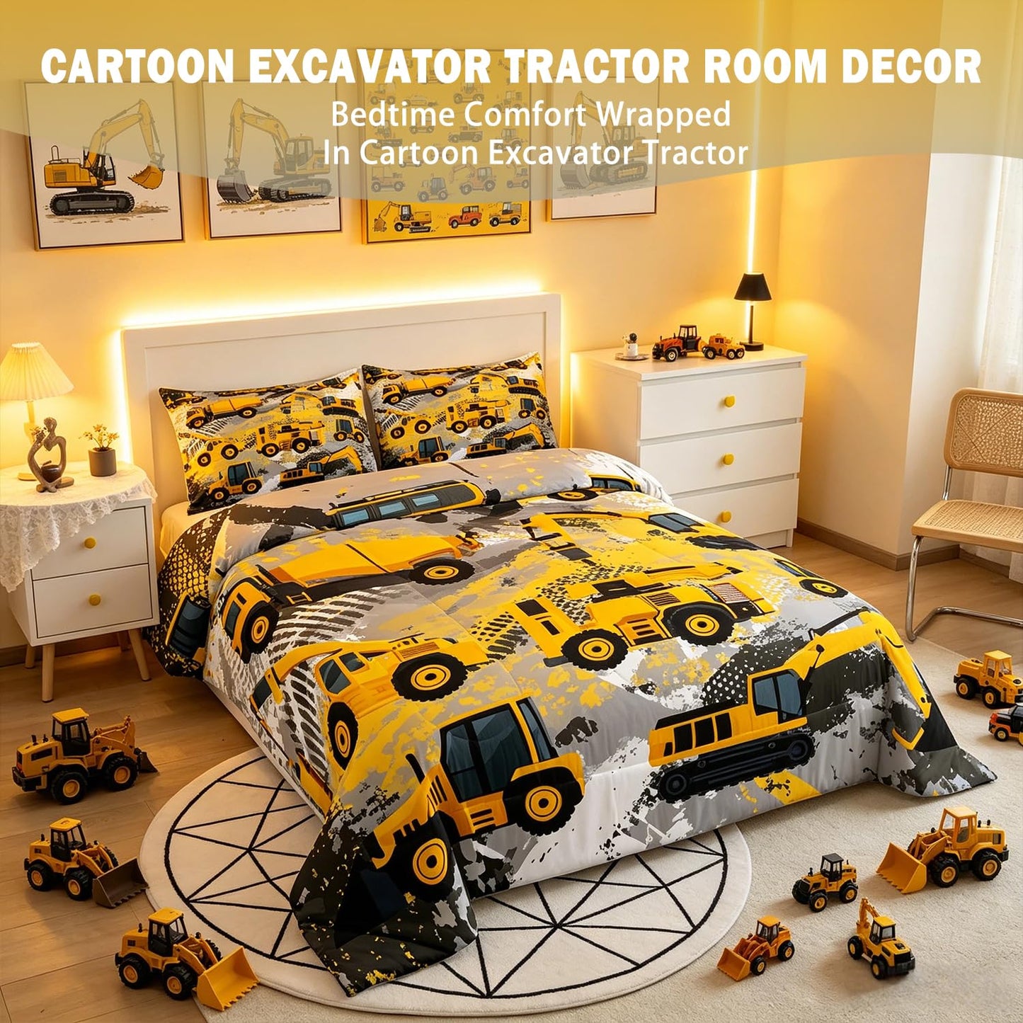 Feelyou Kids Construction Comforter Set Twin Bedding Sets for Boys Toddler Children Cartoon Cars Excavator Tractor Comforter Set Construction Machinery Truck Duvet Set Cars Bed Set with 1 Pillow Case