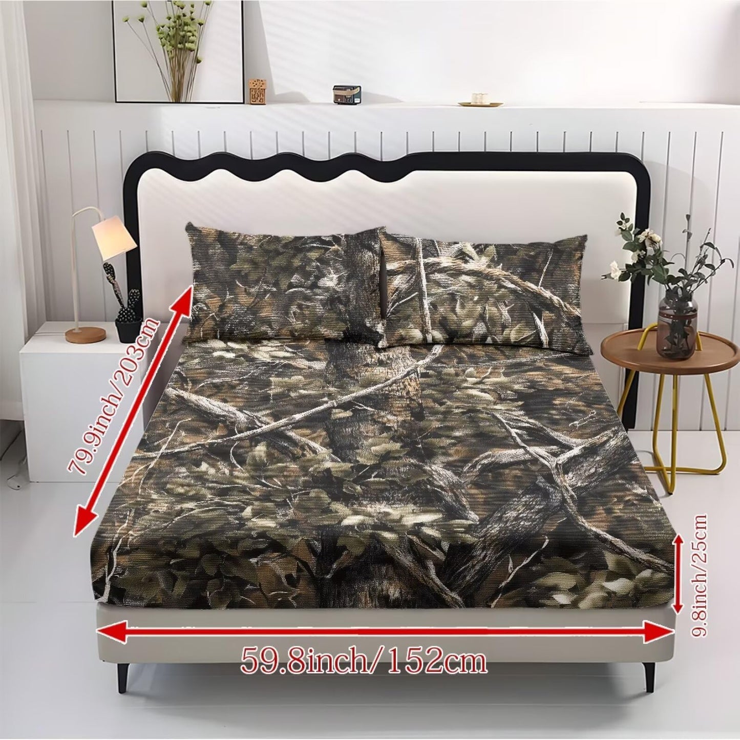 ZDCUSTOM XL Size 3 Piece Sheet Set Stay in Place Fade Stain Resistant Cooling Bed Sheets with All Around Elastic Cozy Bedsheet & Pillowcases for Bedroom Decor Hunting Camo, 39" x 79"