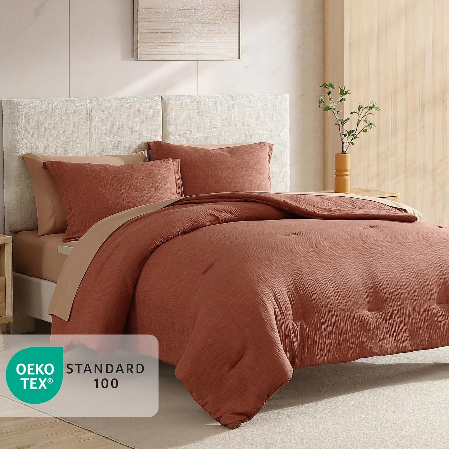 Geniospin Queen Size Comforter Set- 7 Pieces Terracotta Textured King Bedding Set, Soft Solid Bed in a Bag for All Seasons, Fall Comforter Set with Sheets
