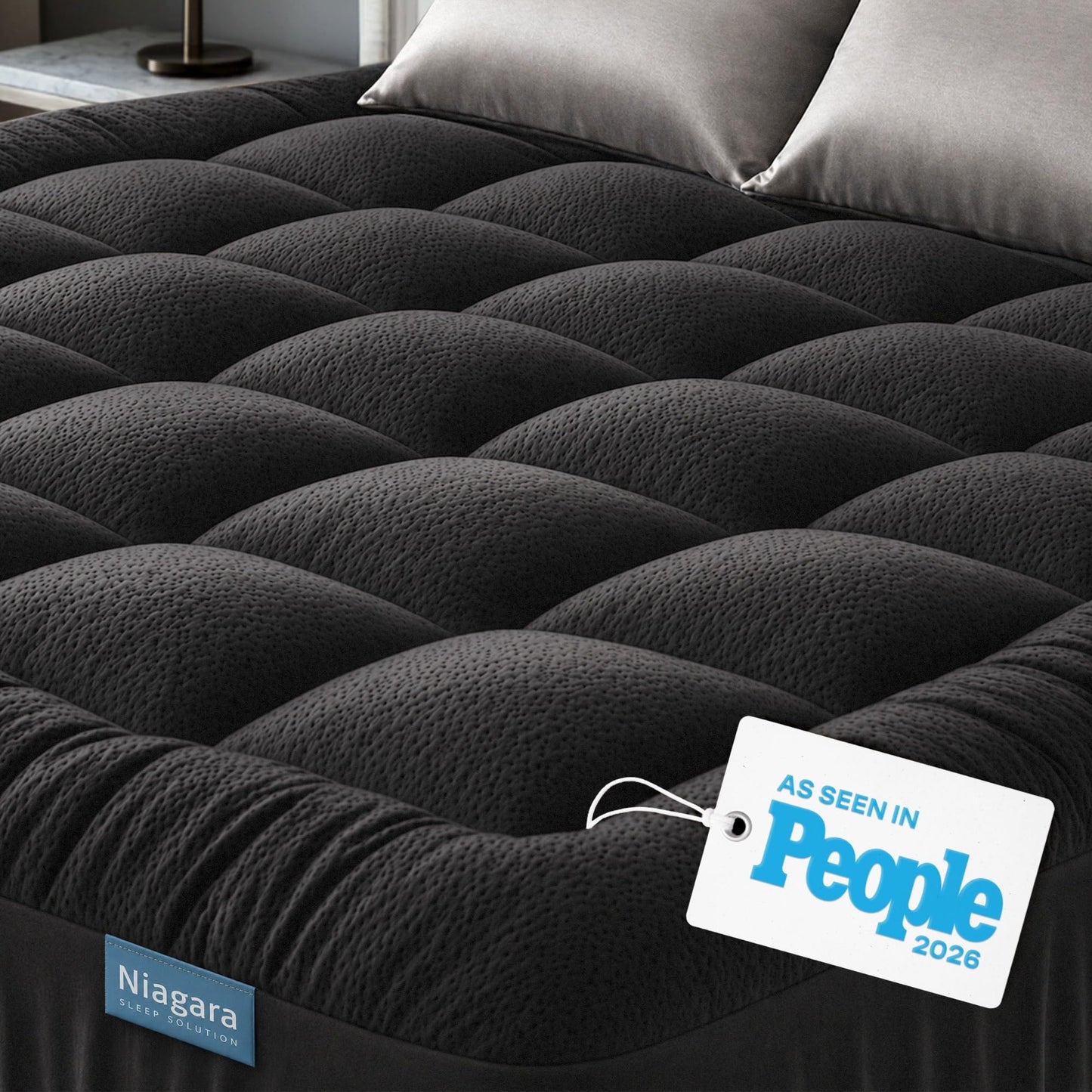 Niagara Sleep Solution Ultra Soft Queen Size Mattress Topper - Rayon Derived from Bamboo Pillow Top Mattress Pad for Back Pain Relief - Naturally Cooling for Hot Sleepers, Black