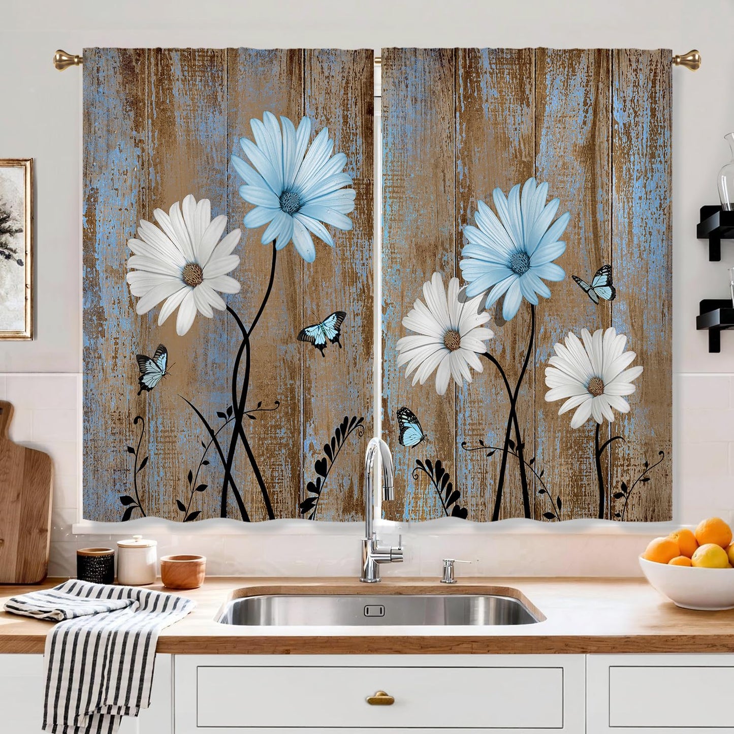 Cizuug Blue Farmhouse Daisy Curtains KitchenWooden Barn Plank Small Short Cafe Window Curtains Butterfly Rustic Country Spring Farm Bathroom Drapes Treatment Tier Curtains 2 Panels
