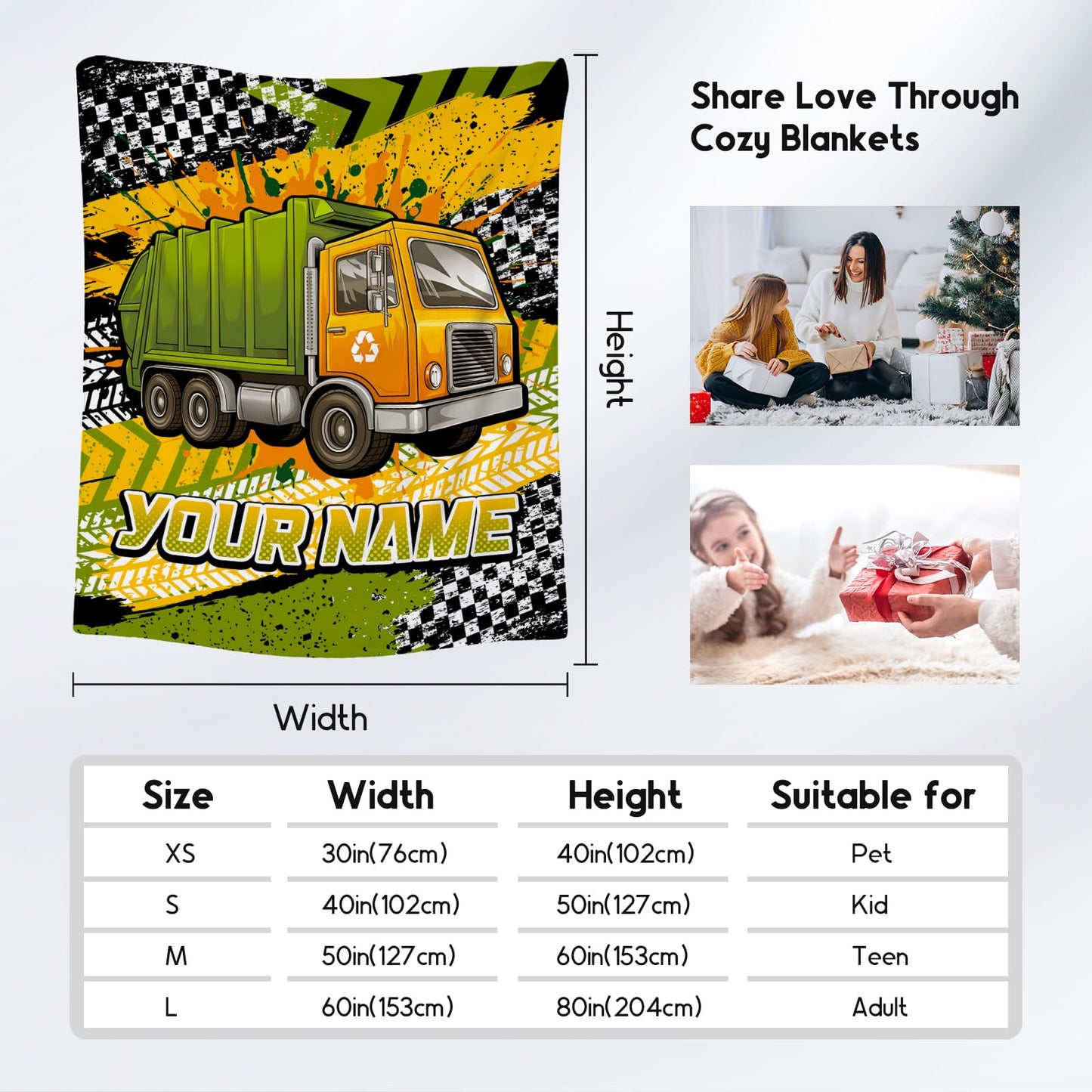 AIOMXZZ Kids Throw Blanket, Custom Garbage Truck Blankets with Name, Cozy Fleece Throws Gifts for Boys Toddler, 4 Size