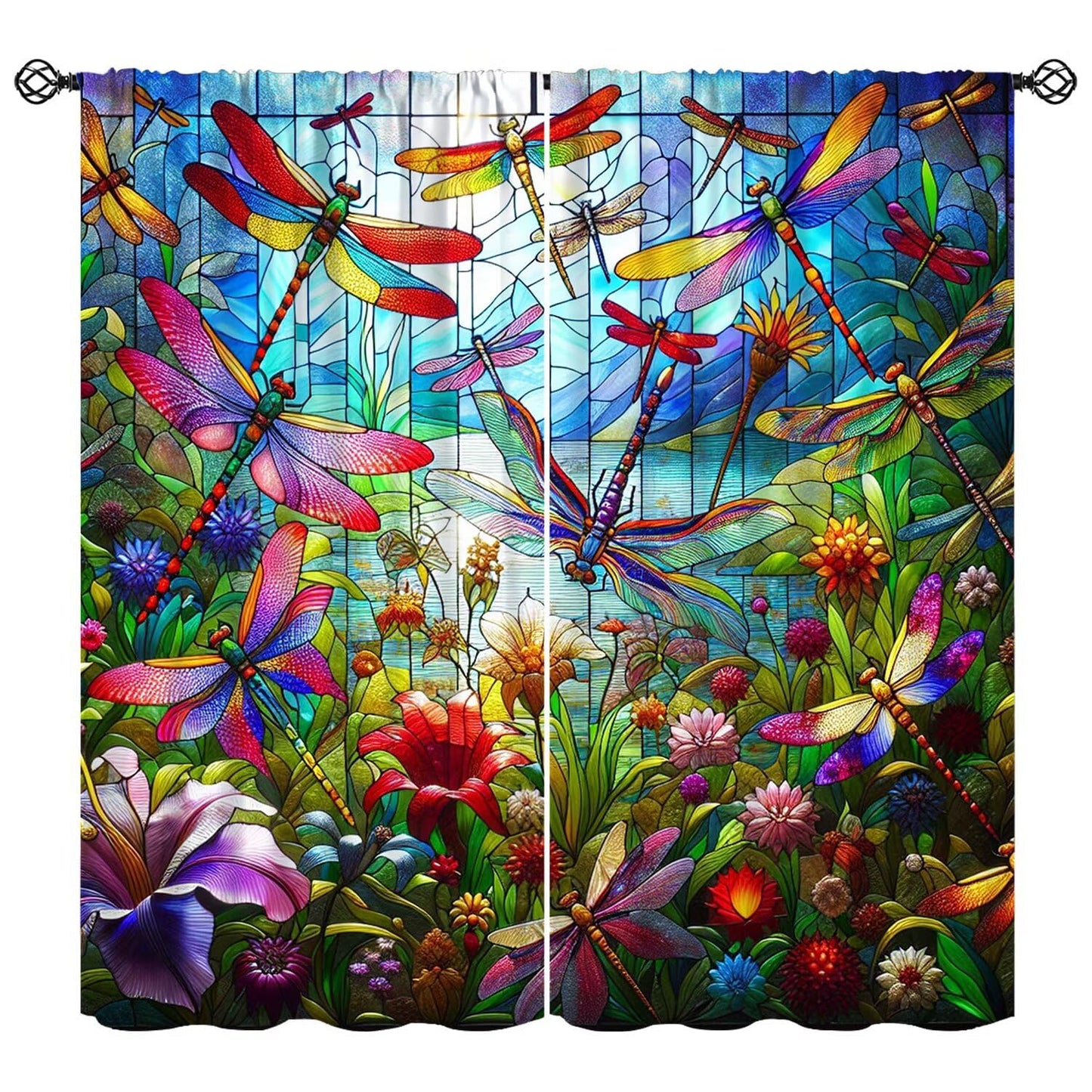 FengMingRui Dream Stained Glass Curtains Dragonfly Flowers Fantasy Nature Scenery Floral Blackout Window Treatments for Kids Boys Girls Bedroom Living Room Window Drapes 42" W X 45" L