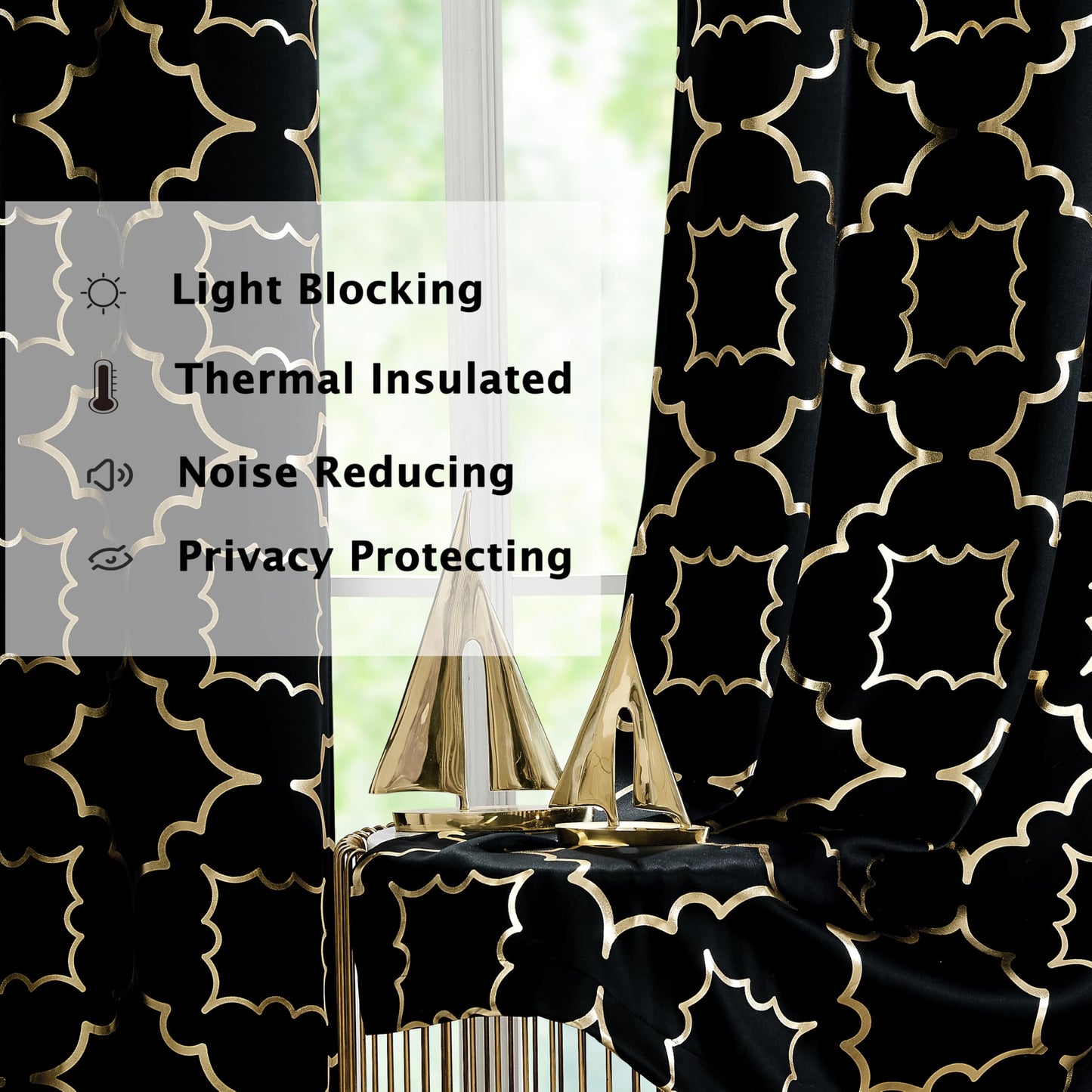 Purainbow Blackout Curtains for Bedroom, Gold Foil on Black Curtains 90 Inches Long Curtains for Living Room Metallic Moroccan Print Drapes, Energy Efficient Window Treatments Grommet Top 2 Panels